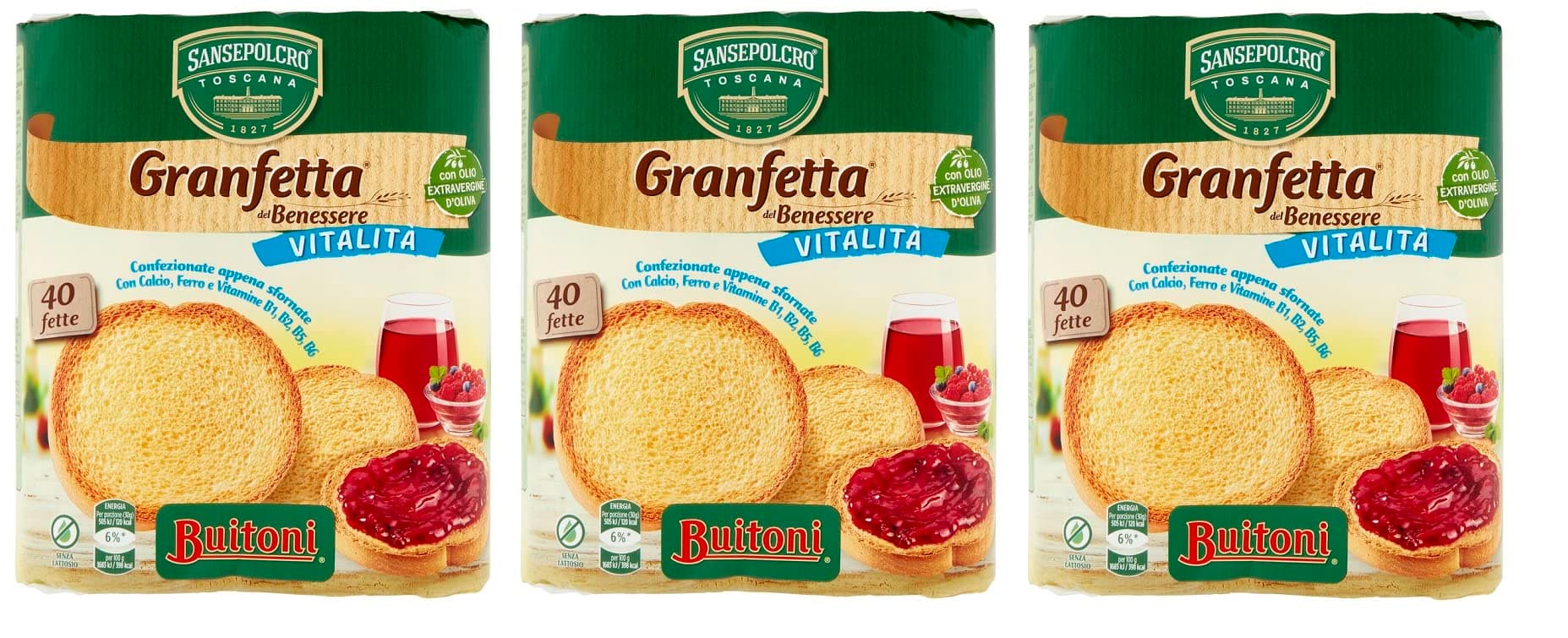 3 x Buitoni Granfetta del Benessere Vitalità Fat Biscottate 40 Baking with Calcium, Iron and Vitamins 300 g