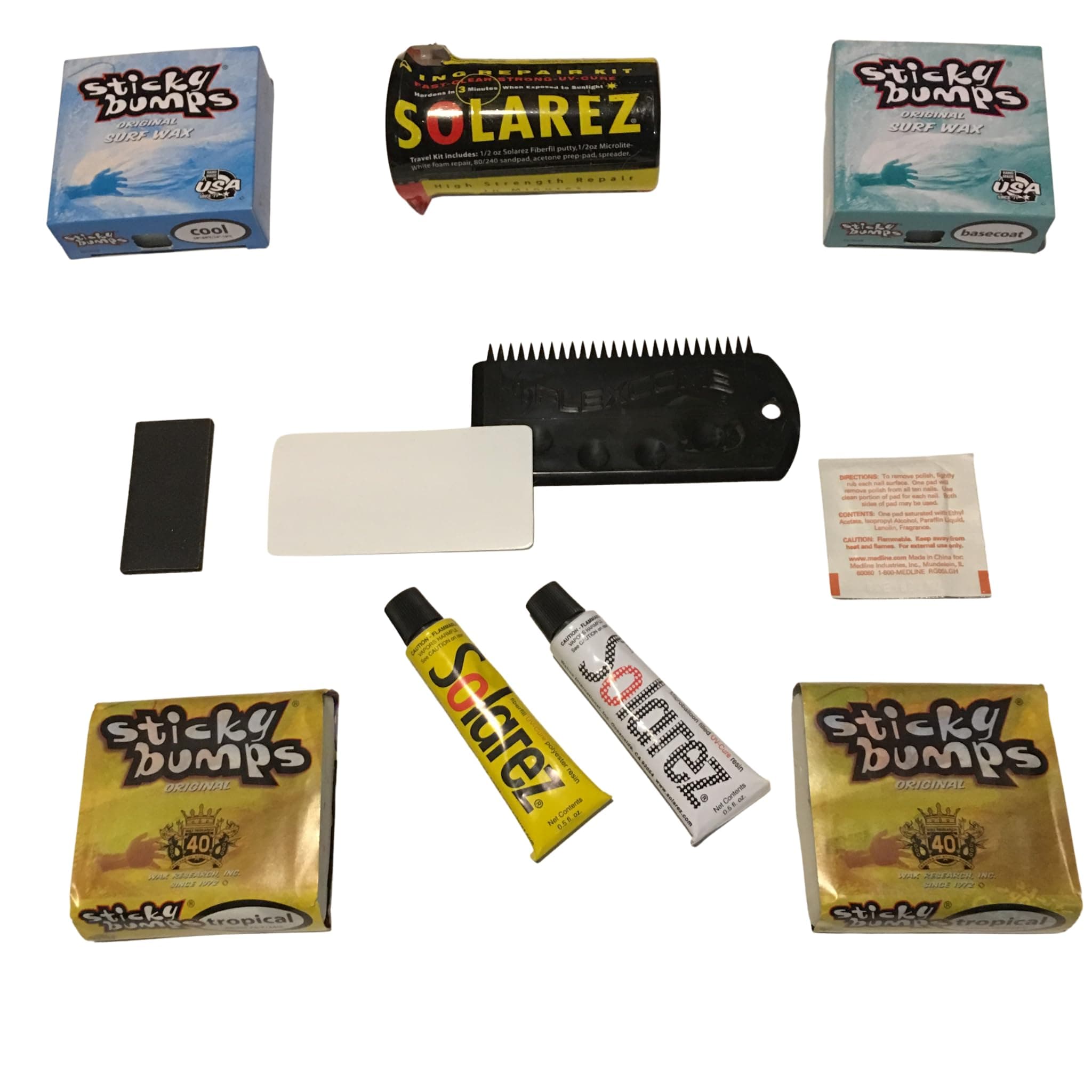 Sticky Bumps Wax plus Solarez UV Cure Resin Ding Repair Kit plus 2 Bars of Tropical, 1 Base Coat, 1 Cool and a Flexcomb to Clean your Board