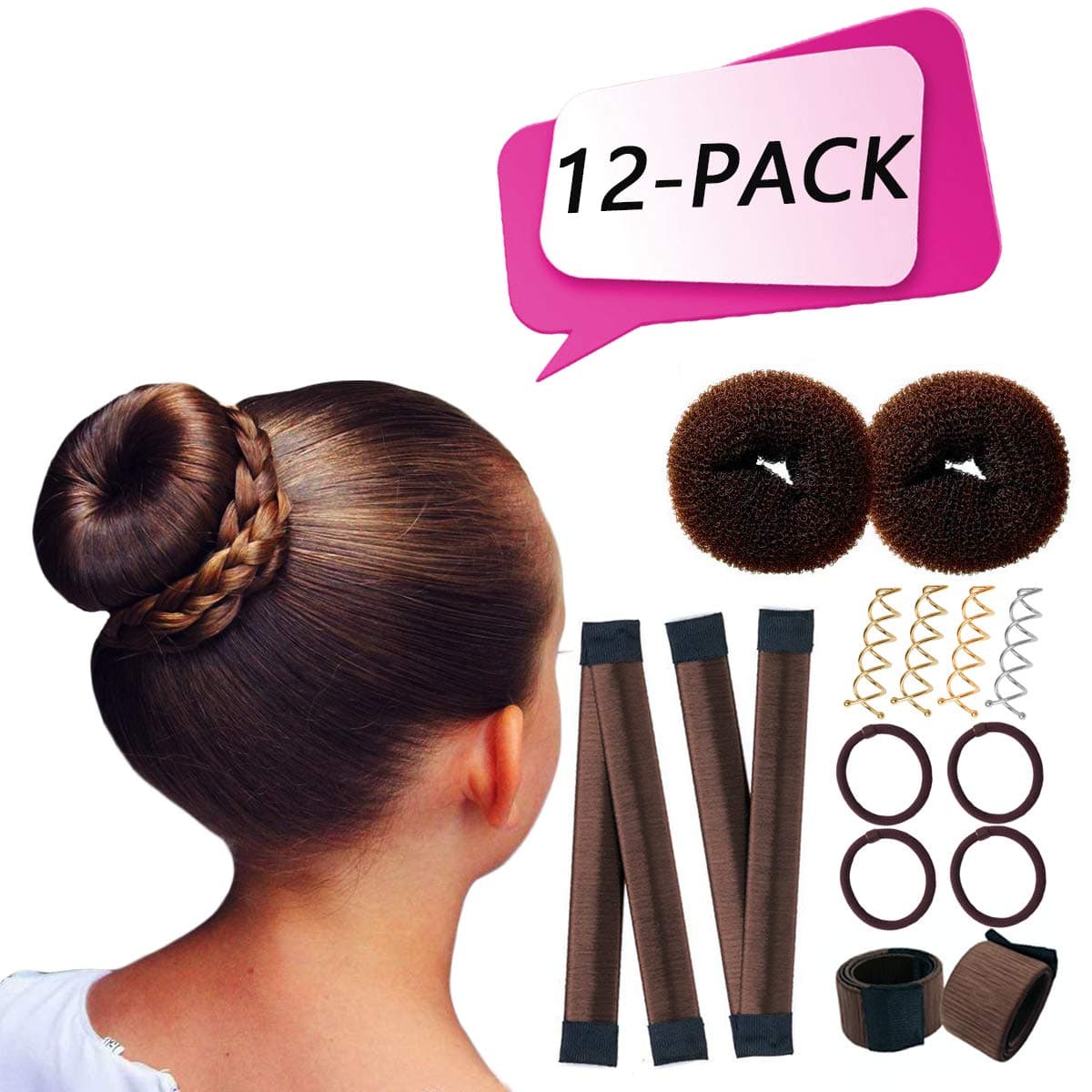 AllBeauty Hair Bun Maker For Kids Brown Donut Magic Bun Maker (2 Donuts + 2 Snap Bun Makers + 4 Spin Bobby Pins + 4 Pieces Hair Elastic Band) Easy Hair Bun For Women Girls Kids (12-Pack, Brown)