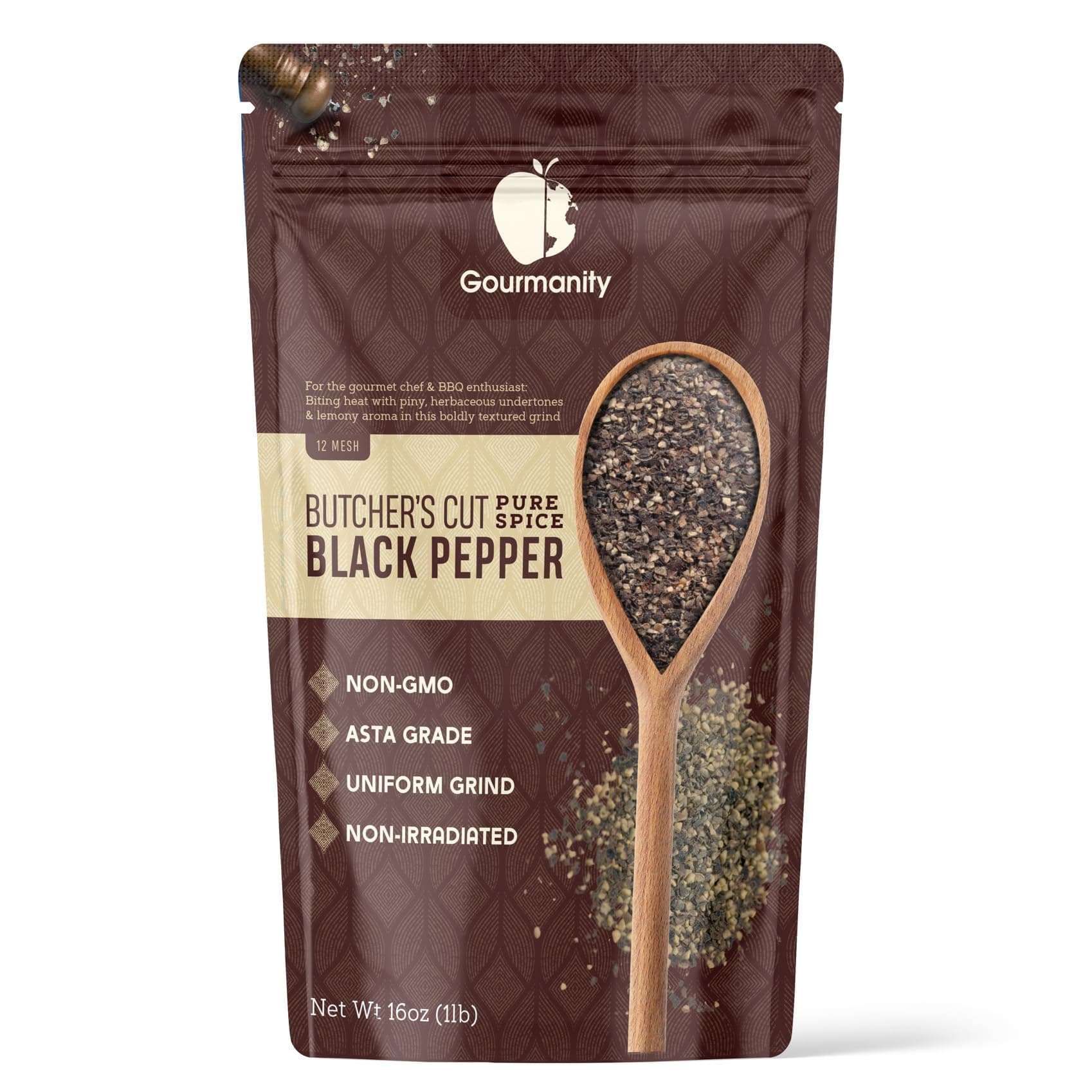 Gourmanity 1lb Coarse Black Pepper Butcher's Cut 12 Mesh, Bulk Ground Black Pepper, Cracked, Coarse Ground Pepper, ASTA Grade