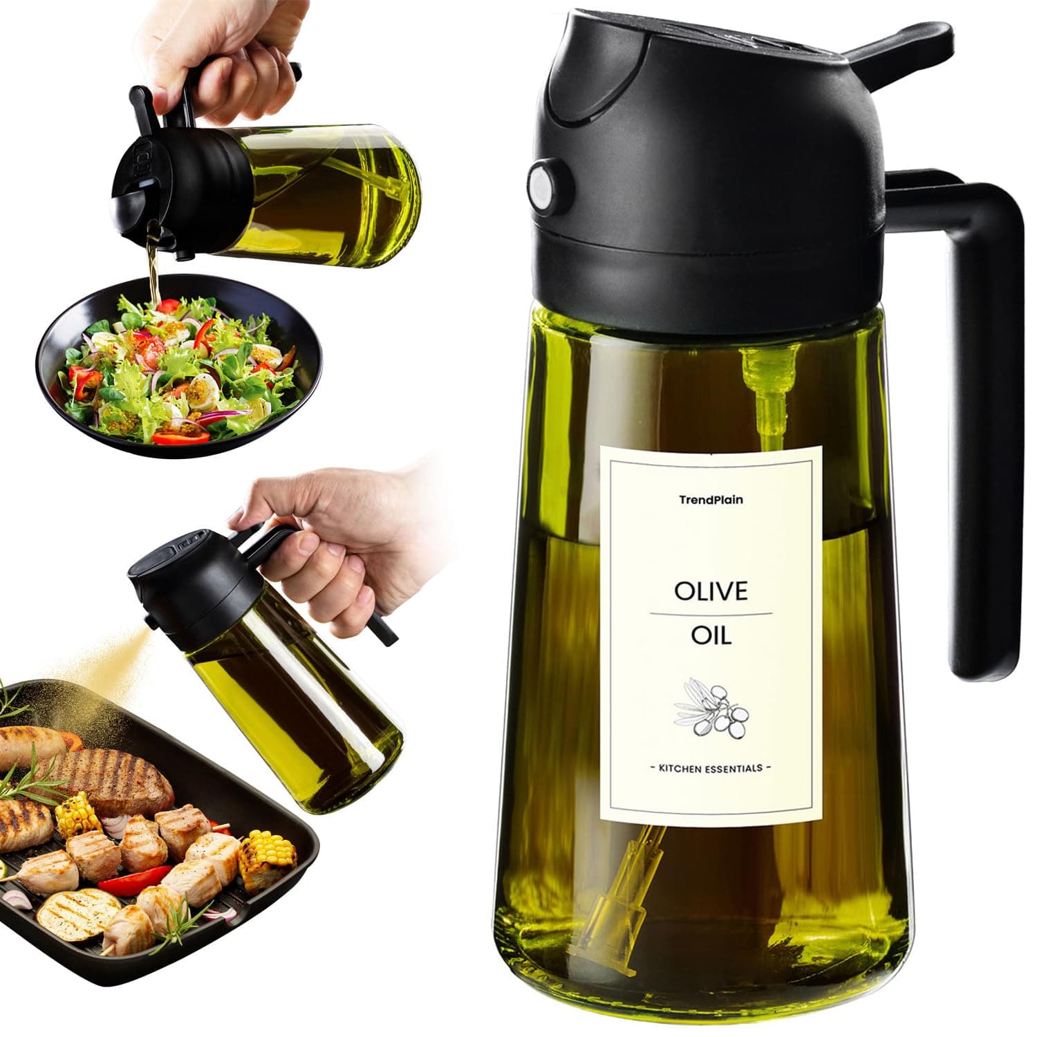 TrendPlain - Original 16oz/470ml Olive Oil Dispenser Bottle for Kitchen Gadgets and Air Fryer Accessories - Olive Oil Sprayer for Cooking w/Stickers (Light Blockage) - Black