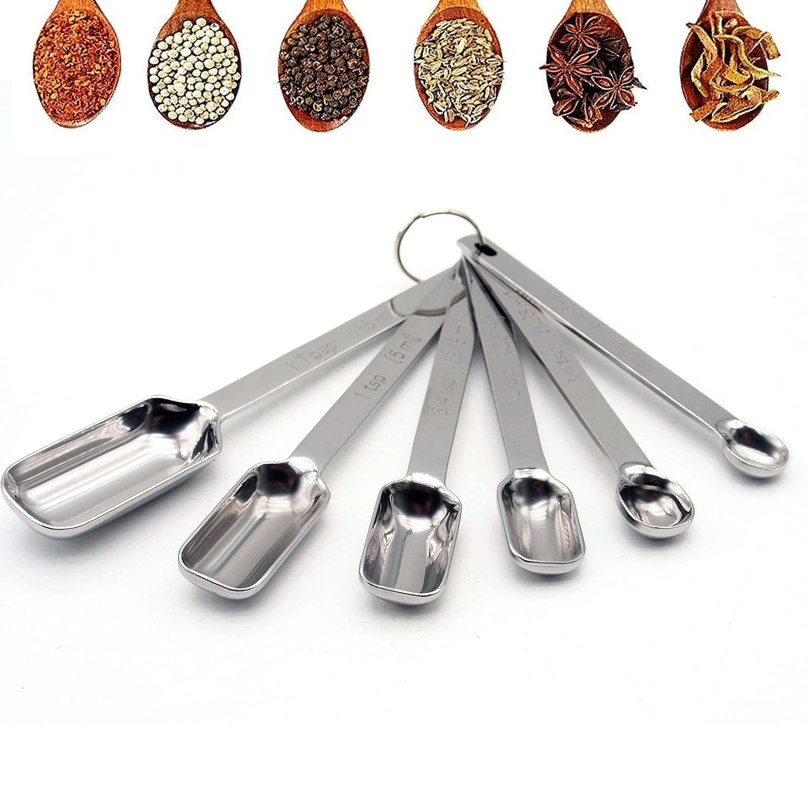 Heavy duty stainless steel metal measuring spoon for dry or liquid, suitable for seasoning pot, perfect for baking and cooking-professional quality, engraved in US and metric sizes (6 pieces)