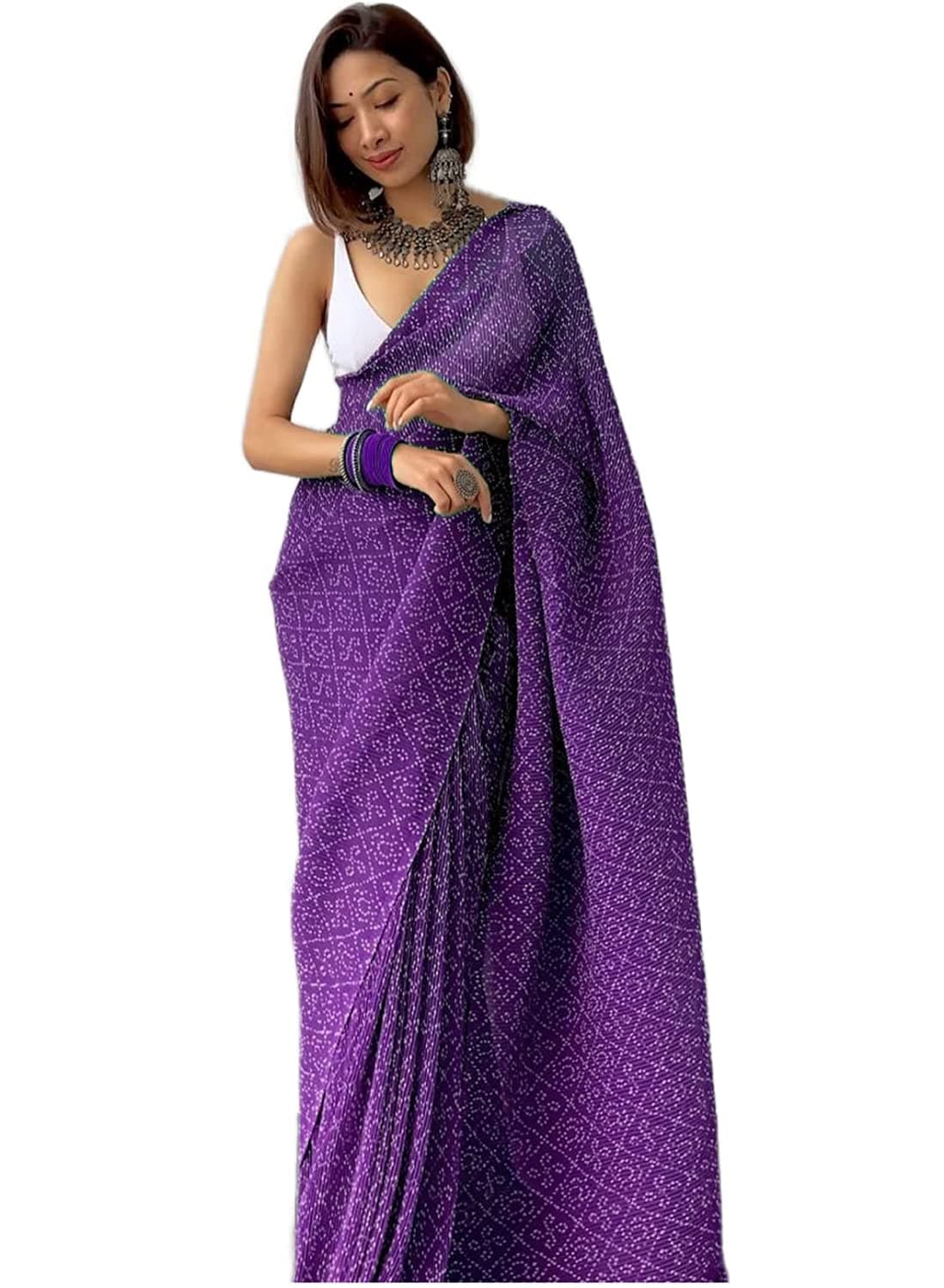 VAIVIDHYAM Women's Pure Georgette Saree With Blouse Piece (Crushed Bandhani_Purple)…