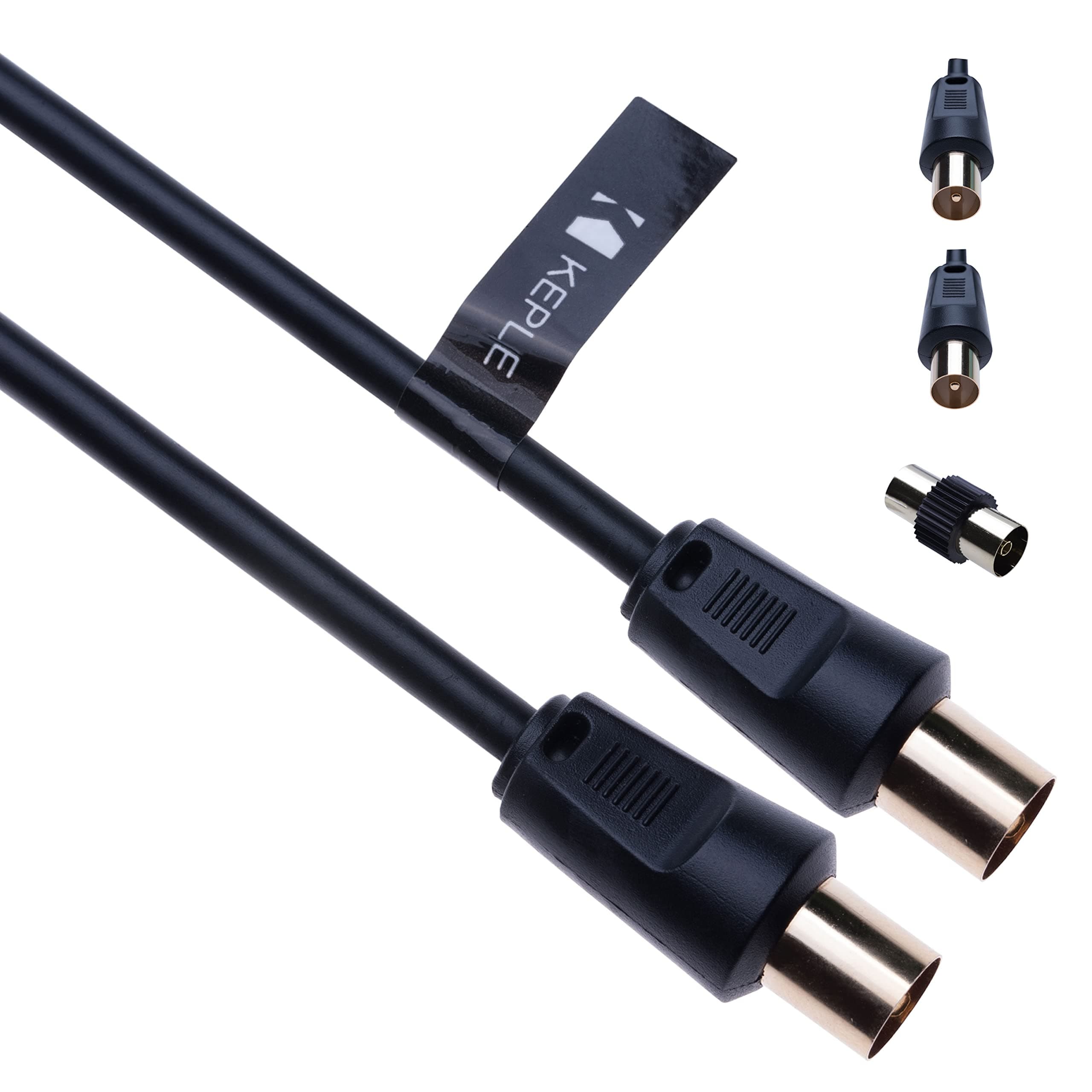 Keple TV Aerial Ariel Cable Coaxial Extension Lead Freesat Recorder Male to Male Plug with Female Adapter Coupler for TV DVD VCR SKY Virgin, BT, TV Box, Satellite Antenna Splitter Black 2m