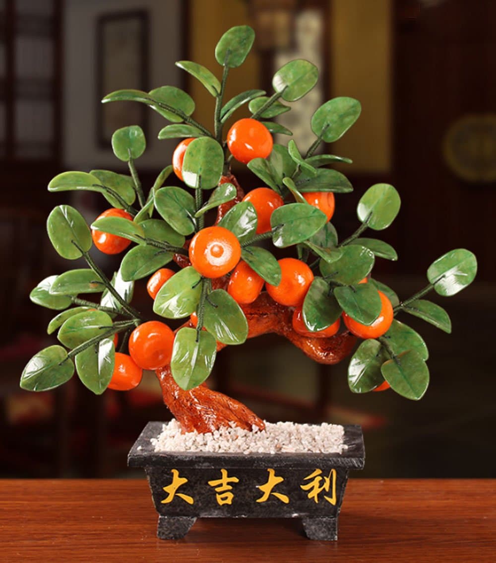 HAOYUXIANG Home Decorations Jade Engraving Lucky Tree Decoration Chinese Style Living Room Wine Cabinet Office Home Creative Orange Tree Craft Decoration