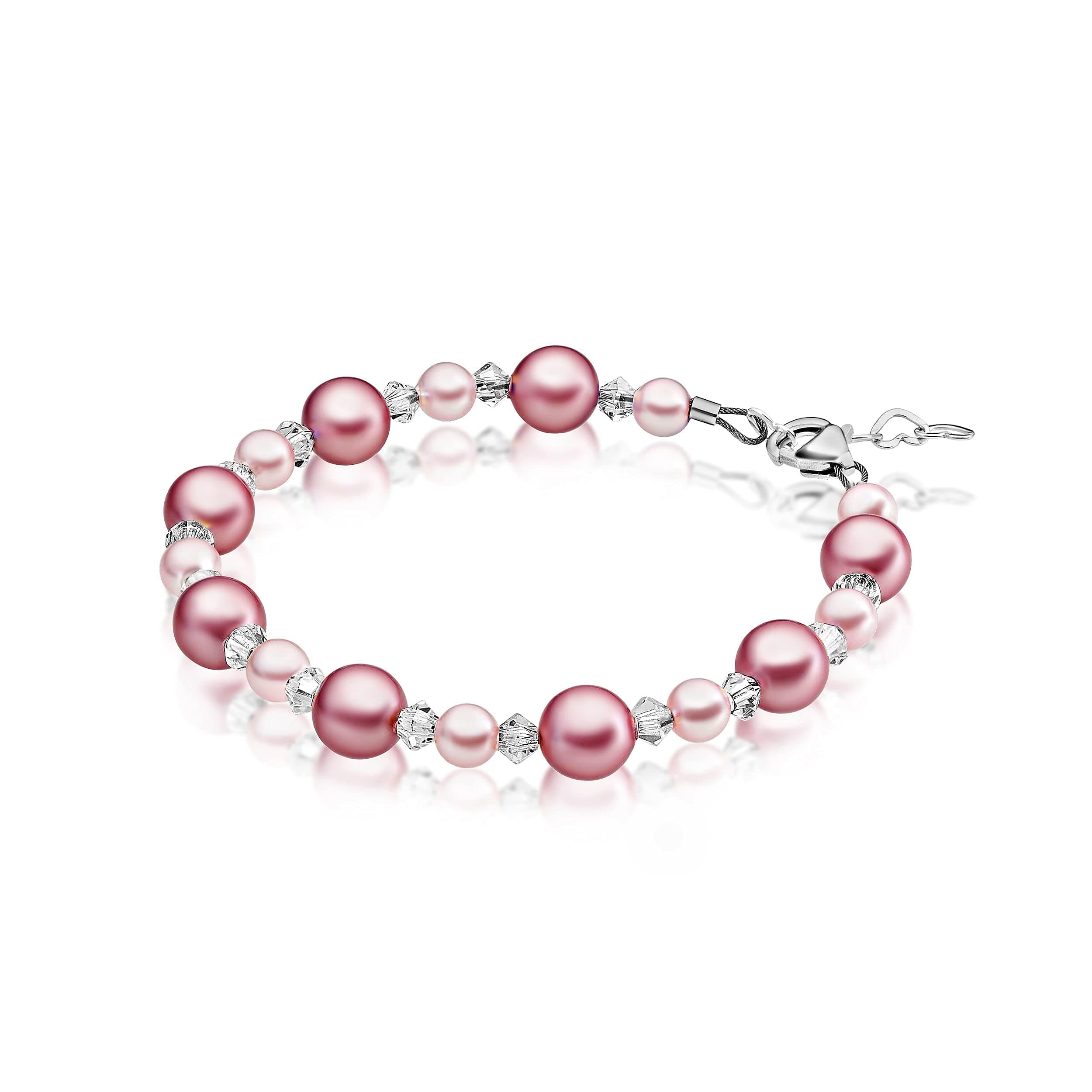 Baby CrystalsPretty Sterling Silver Pearl Bracelets for Girls with Rose and Pink European Crystals and European Simulated Pearls, Girls Jewelry, Pearl Bracelet for Girls, Birthday Gifts, Flower Girls