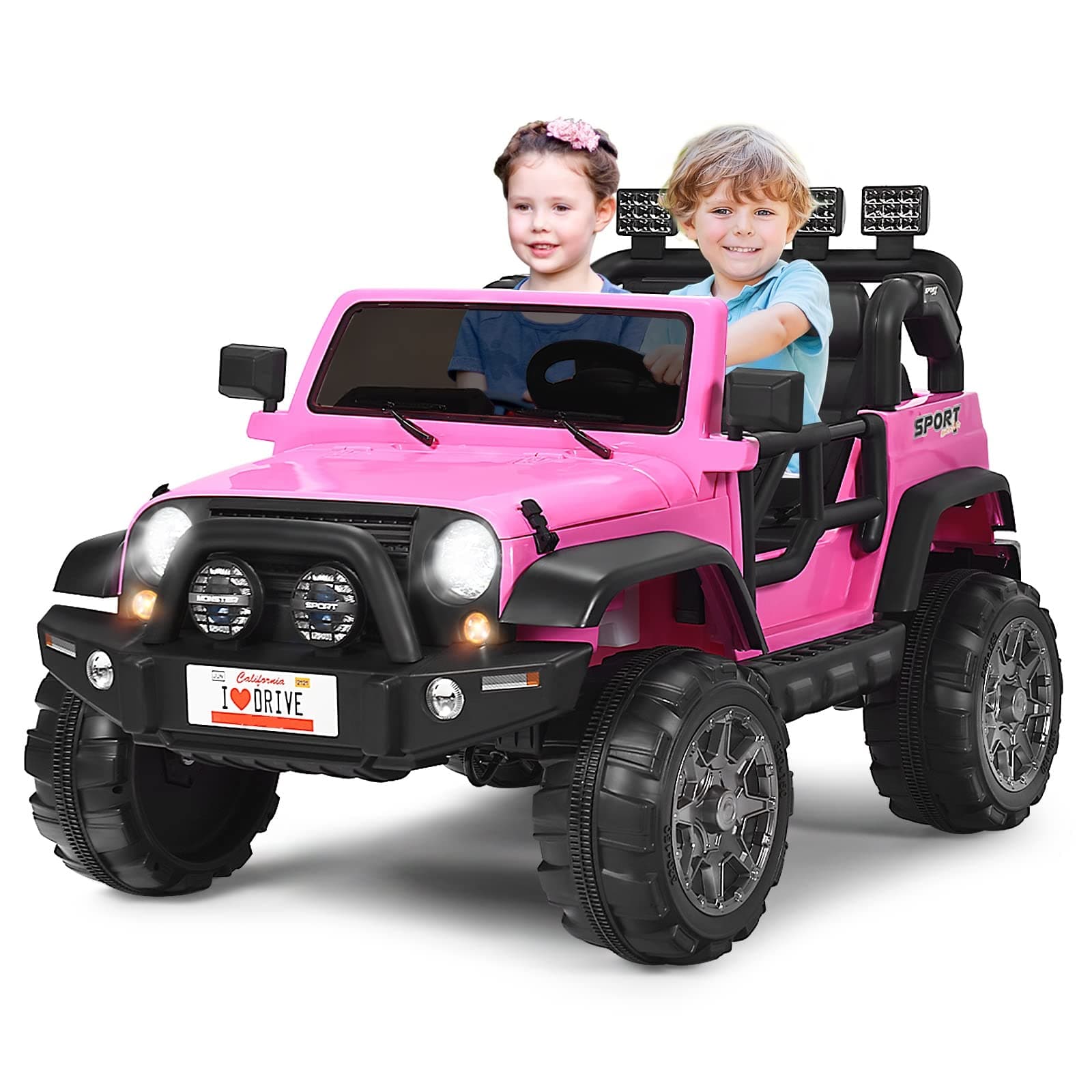 Costzon 2-Seater Ride on Truck, 12V Battery Powered Electric Vehicle Toy w/Storage, Remote Control, 3 Speed, LED Lights, MP3, Horn, Music, 2 Doors Open, Spring Suspension, Ride on Car for Kids (Pink)