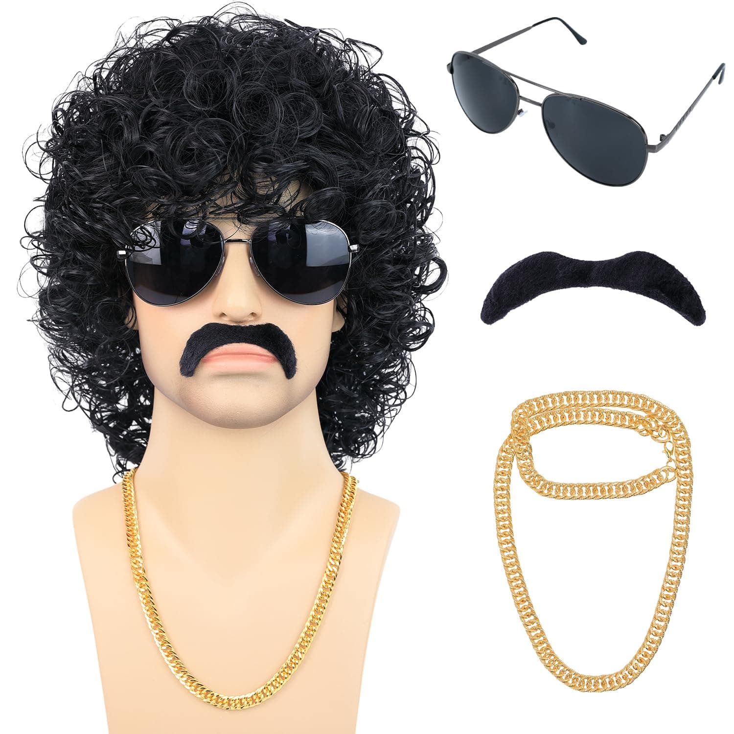 80s Short Black Curly Wig for Men with Mustache Glasses and Chain 70s Mullet Wig with Curl for Rocker Halloween Costume Cosplay
