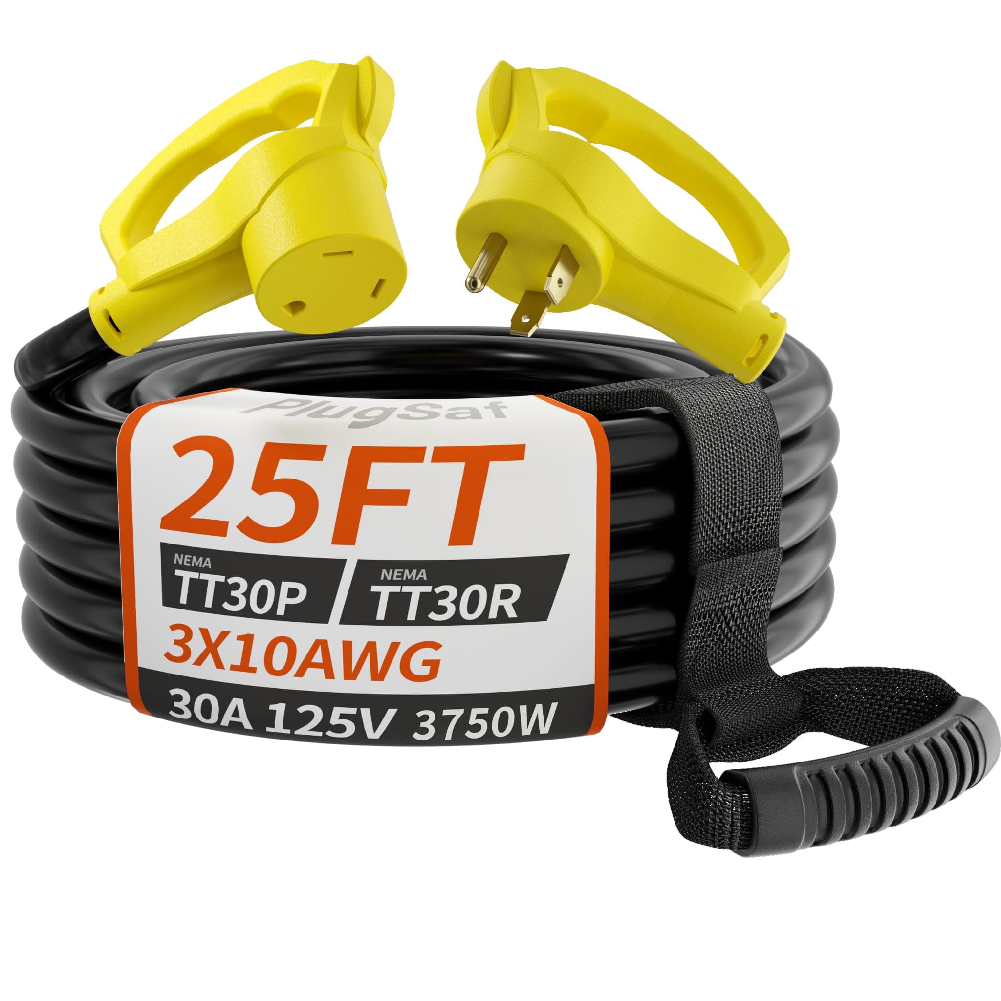 25 FT 30 Amp RV Extension Cord Outdoor with Grip Handle, Flexible Heavy Duty 10/3 Gauge STW RV Power Cord Waterproof with Cable Organizer, NEMA TT-30P to TT-30R, Black-Yellow, ETL Listed