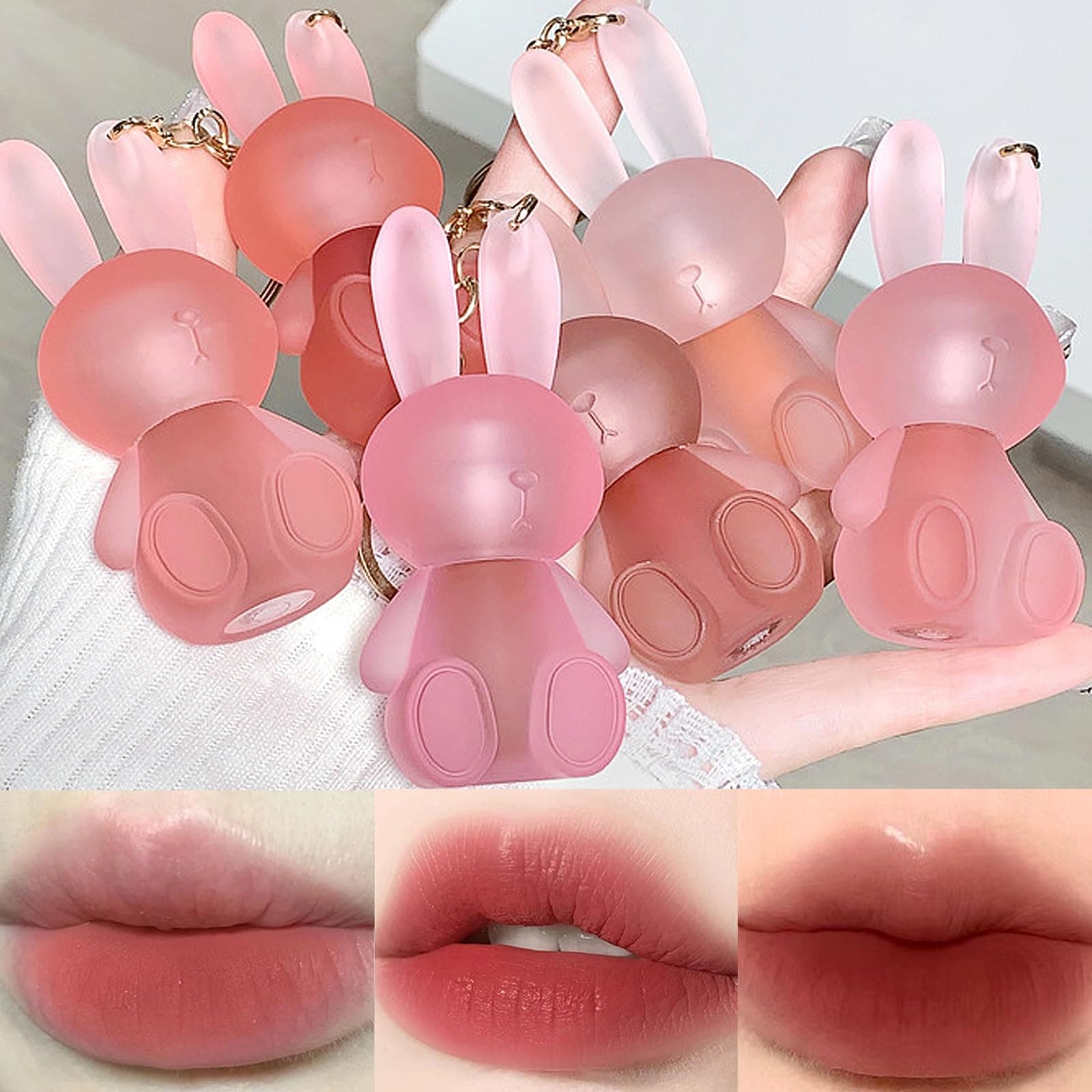 6 Colors Velvet Matte Liquid Lipstick set, Cute Rabbit Lip Glaze 2 in 1 Key Chain Lip Gloss Lip Stain, Waterproof Non-Stick Cup Long Lasting Lip Clay Cute Lip Makeup for Girls