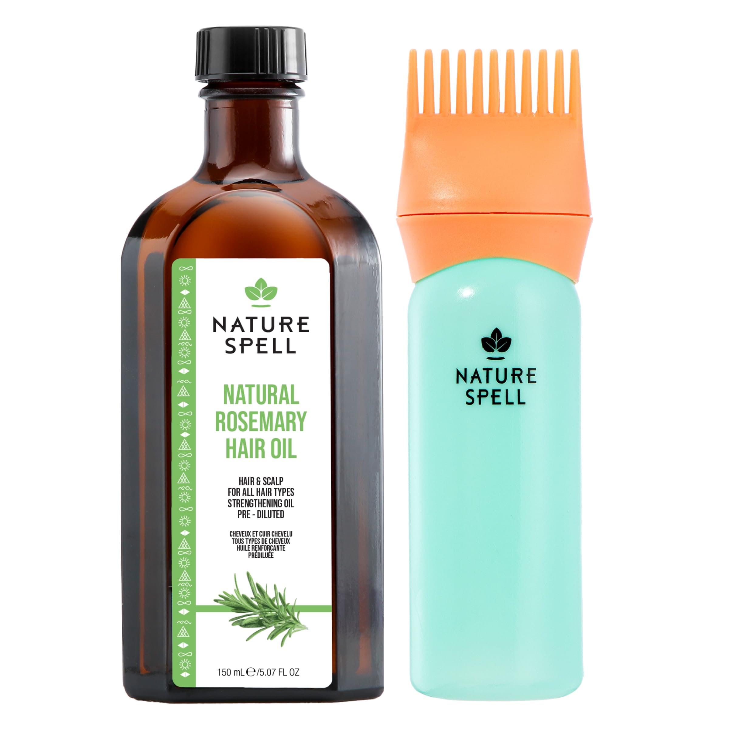 Nature Spell Rosemary Oil for Hair Growth with Root Comb Applicator, Pre-Diluted Oil to Strengthen and Nourish Dry, Damaged Strands, For All Hair Types, 150ml