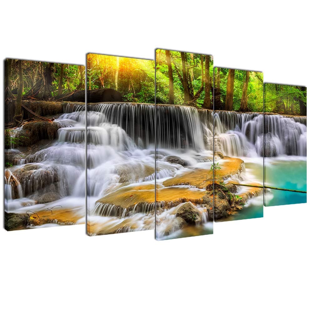 Wallfeeling Arts Dreamlike Waterfall Canvas Print Picture for Living Room Decoration Stretched XLarge 5 Panels Painting Wall Art Print on Yellow and Blue Canvas- High Definition Modern Home Decor