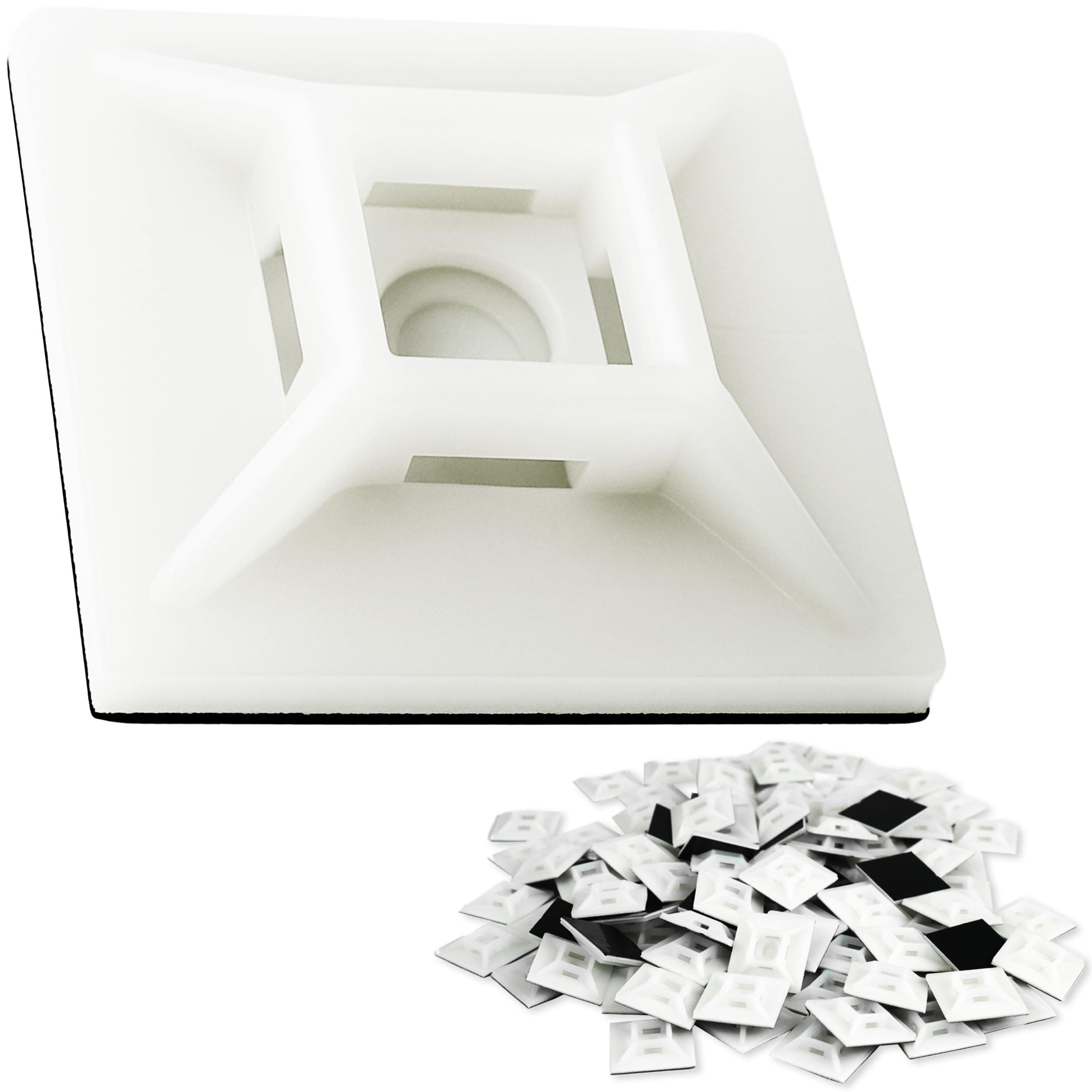 Large, Premium Zip Tie Adhesive-Backed Mounts 100 Pk by Phyxology Supply. Pro-Grade, UV White Cable Tie Bases: 1.1 in x 1.1 in. Screw-Hole Anchor Point Gives High-Strength Durability for Long-Term Use