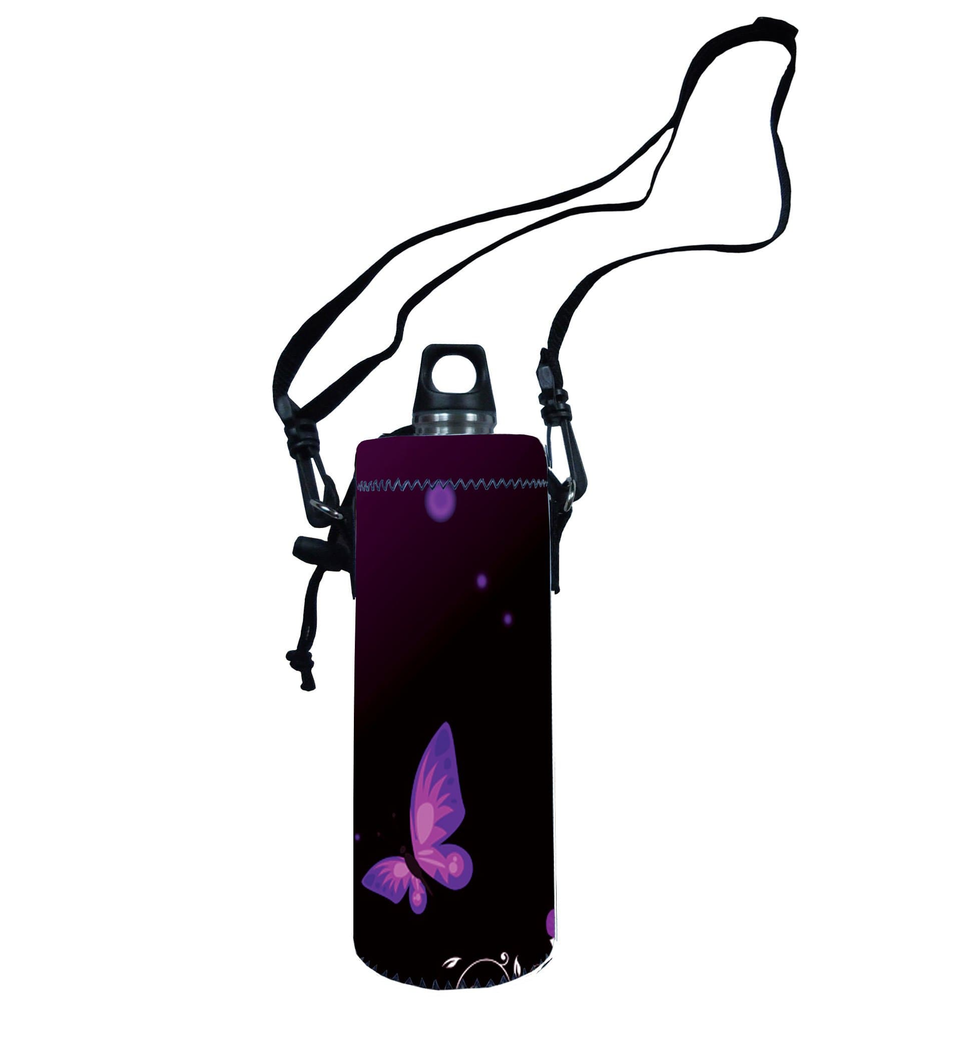 ProfessionalBags Purple Butterfly 1L Water Bottle Insulated Neoprene Cover Storage Bag/Carrier Holder + Shoulder Strap