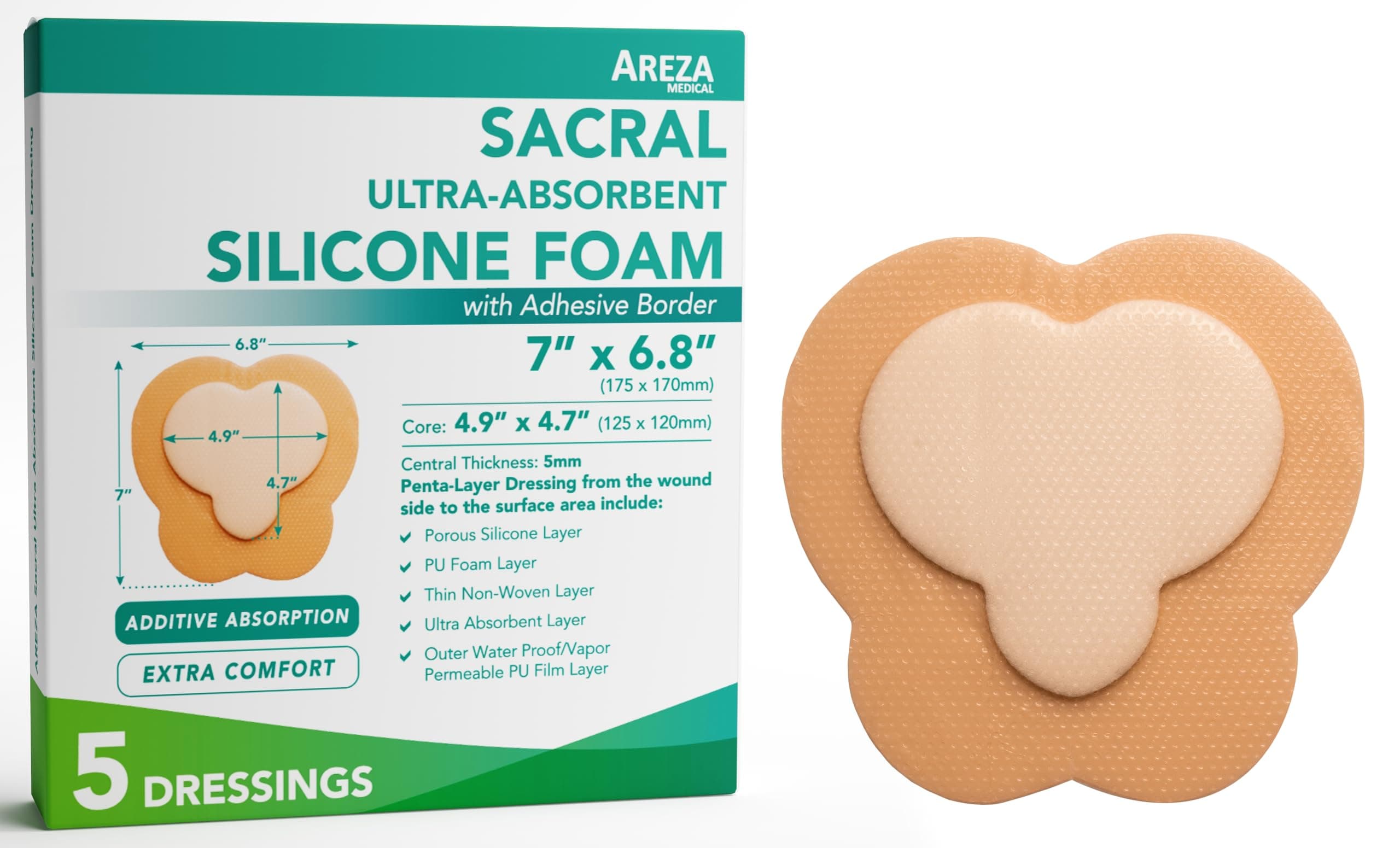 Sacral Silicone Ultra-Absorbent Foam Dressing 7 X 6.8 Box of 5; Wound Dressing By