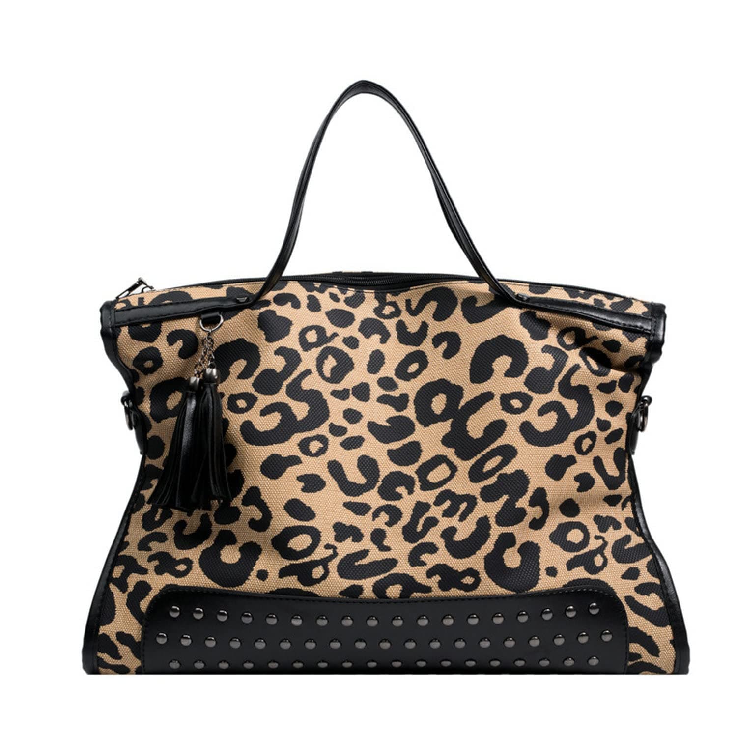 Oversized Leopard Purse,Women Studded Tote Handbags Animal Printing Punk Large Shoulder Bags Hobo Tassel Rocker Rivet