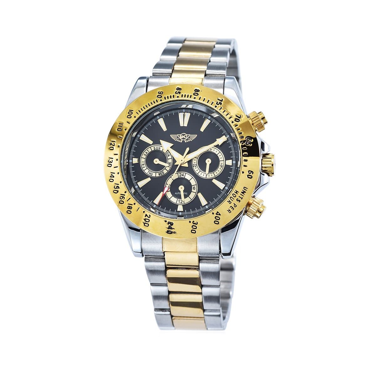 Yaki Luxury Men Gold Sliver Automatic Mechanical Wristwatch Black Dial Stainless Steel Bracelet Day Date 24Hours