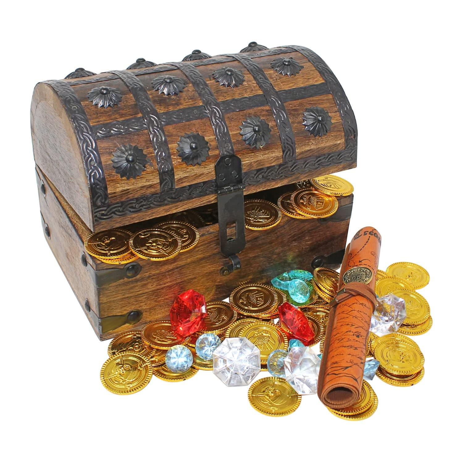 Nautical Cove Wooden Pirates Treasure Chest Box with a FREE Pirate Flag and Gold Coins (Large 8"x6"x6")