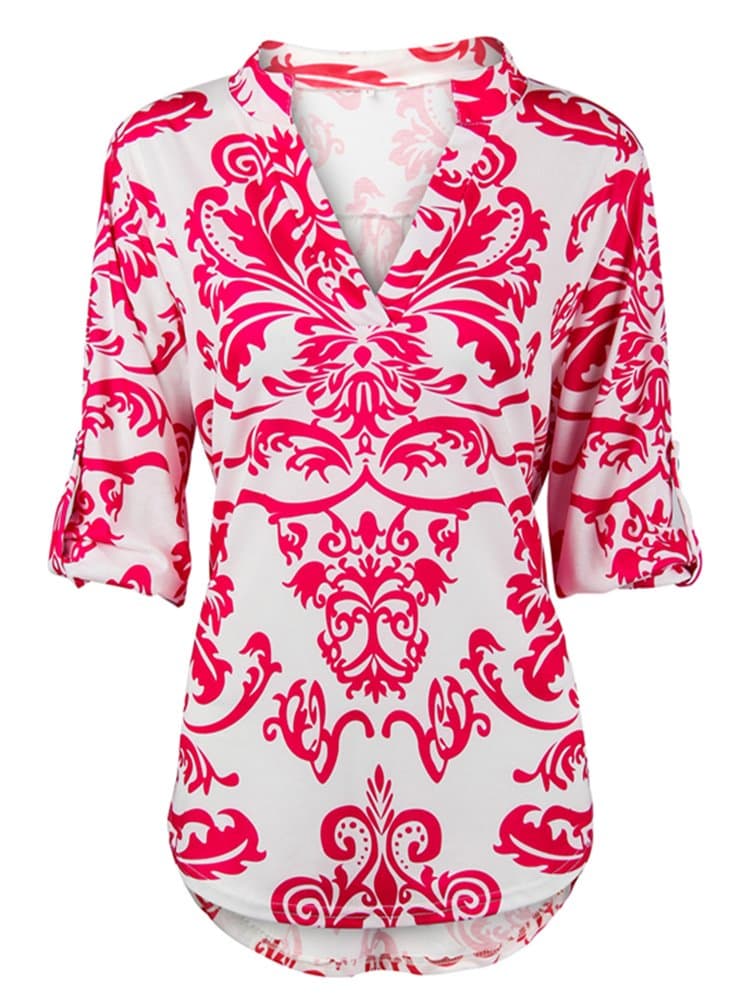 YOUHUA Women Deep V Neck 3 4 Sleeve Floral Print Casual Loose Long Shirt(HY0628-pink-L)