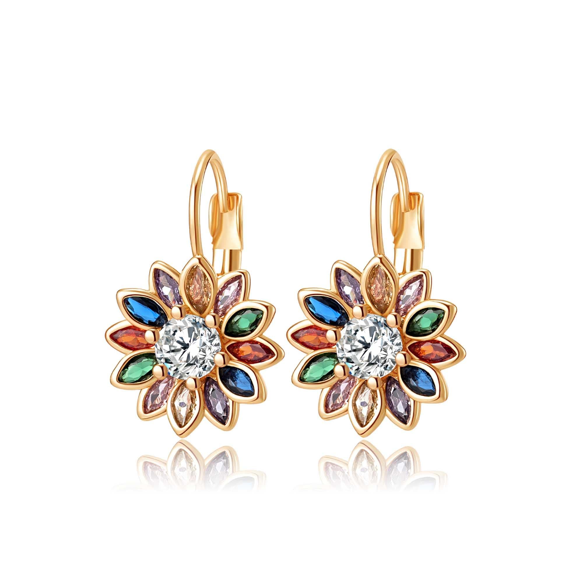 Austrian Crystal Flower Drop Leverback Earrings for Women Fashion 14K Gold Plated Hypoallergenic Jewelry