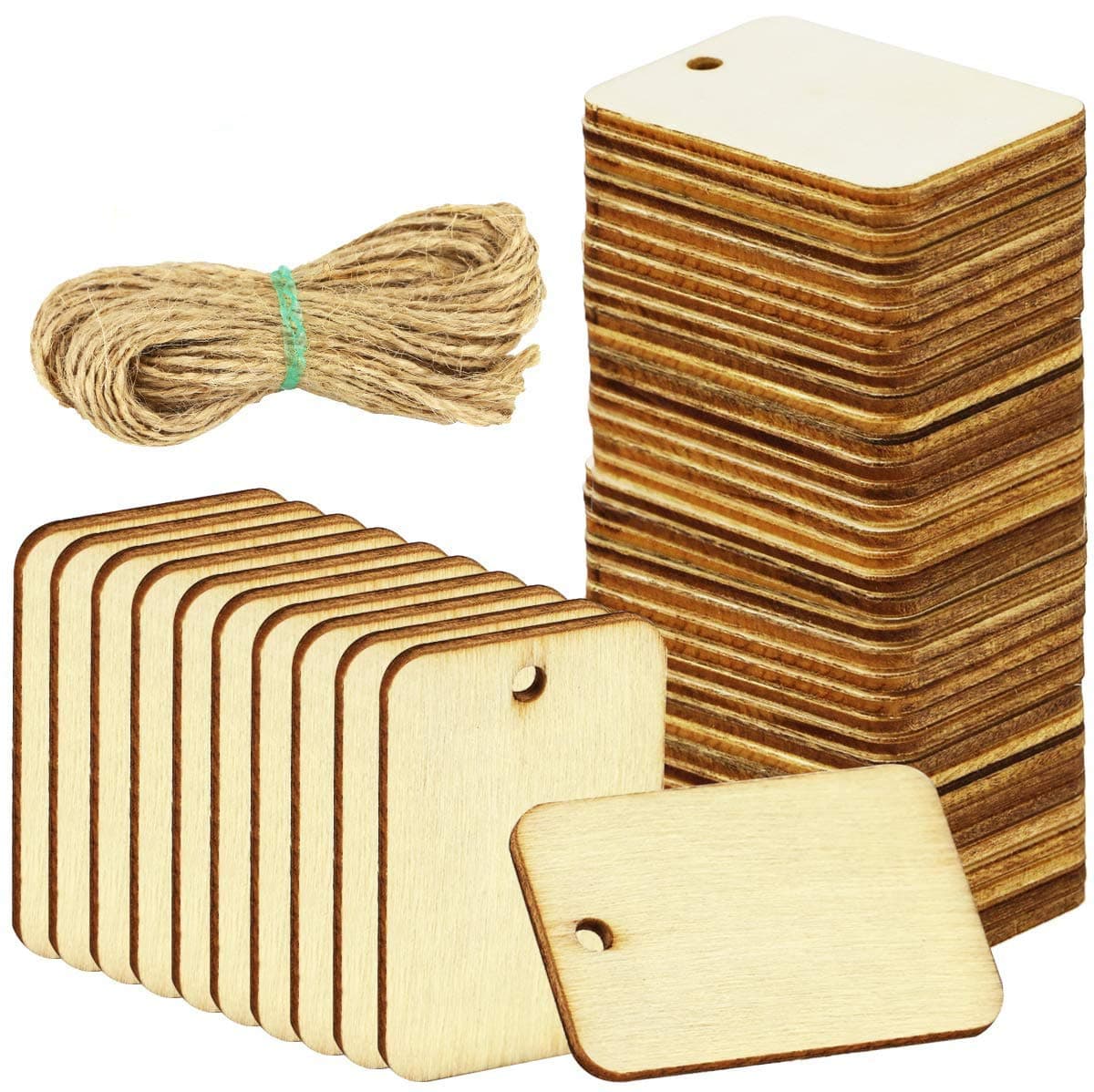 50PCS Wood Gift Tags Unfinished Wood Craft Supplies DIY Woodcrafts Blank Wooden Gift Tags Natural Hanging Wood Pieces for Wine,Decor,Wedding,Christmas,Halloween.(with 10PCS Jute Twines)