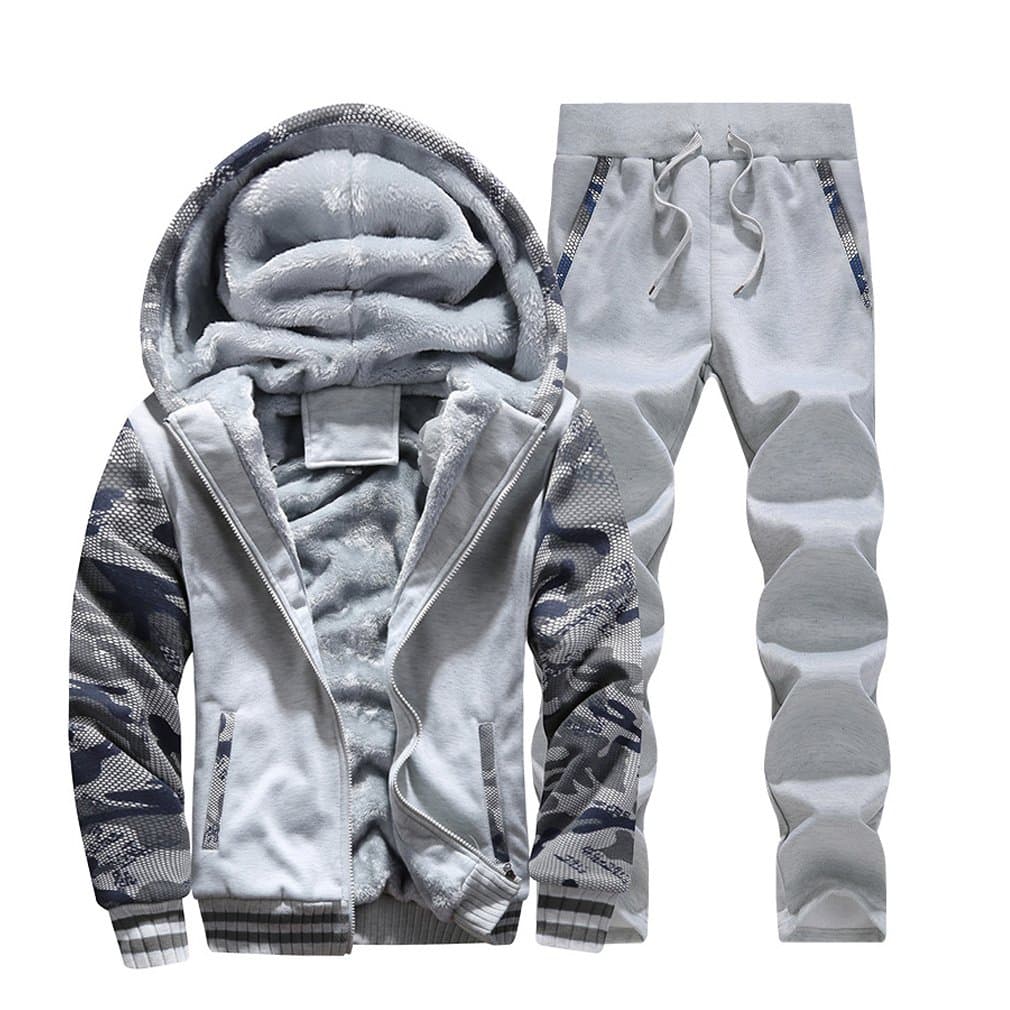 Plus Size Winter Men Fur Lined Hoodies Sweatshirts Pants Set Jogging Sport Tracksuit