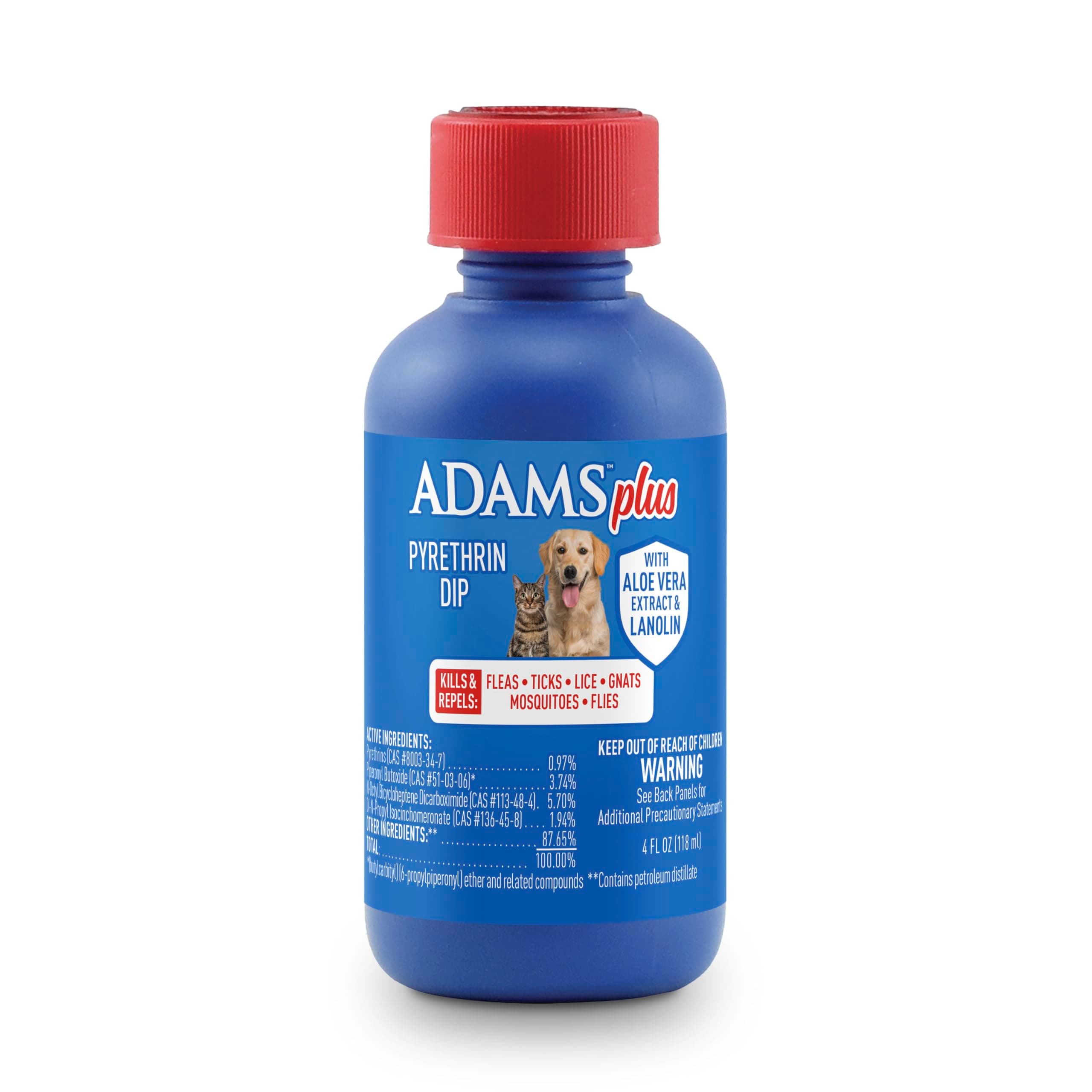 ADAMS Plus Pyrethrin Flea Dip for Dogs and Cats, Kills and Repels Fleas, Ticks, Lice, Gnats, Mosquitoes and Flies, for Dogs, Cats, Puppies, & Kittens, 4 Fl oz