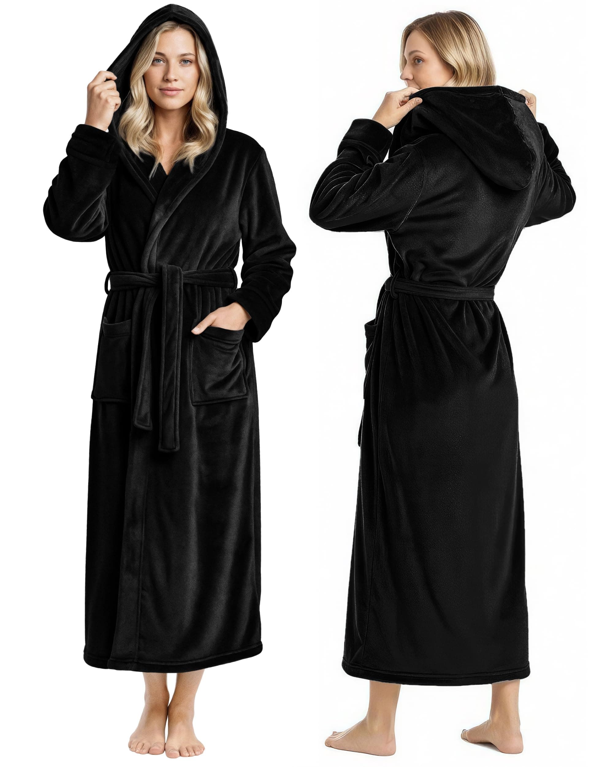 Women's Green Fleece Hooded Bathrobe - Plush Long Robe