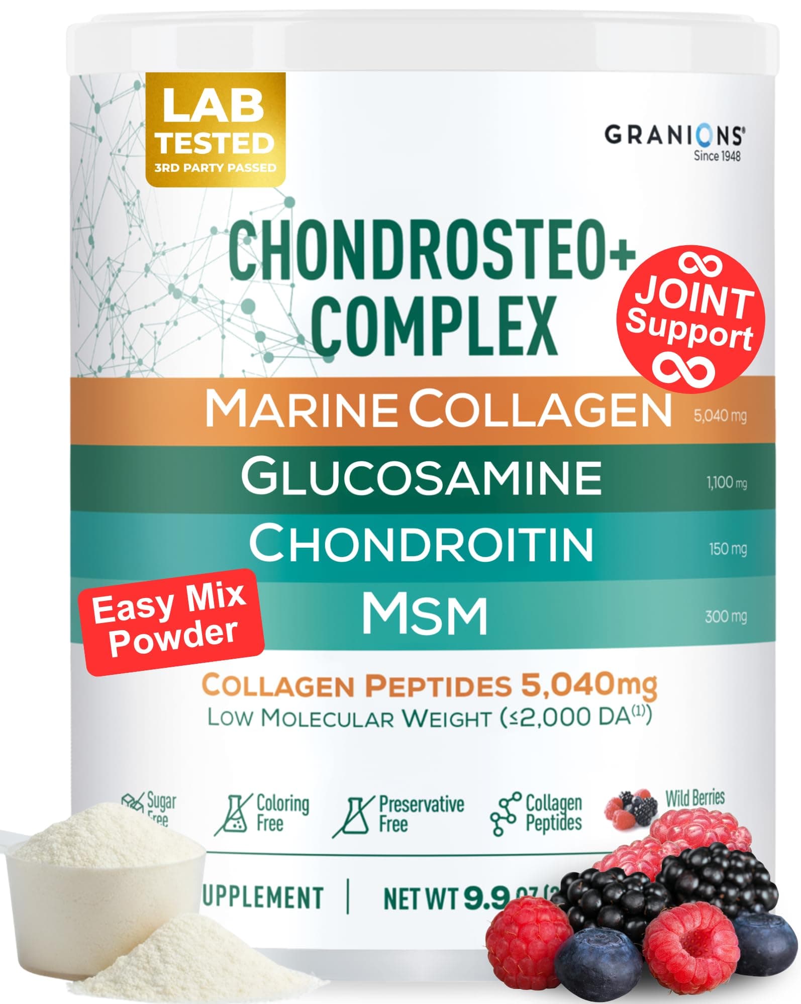 Granions Glucosamine Chondroitin MSM Powder 1,550mg – Joint Supplements for Men and Women - Chondrosteo, Hydrolyzed Marine Collagen Peptides, Essential Vitamins Glucosamine Complex – Wild Berry 9.9oz