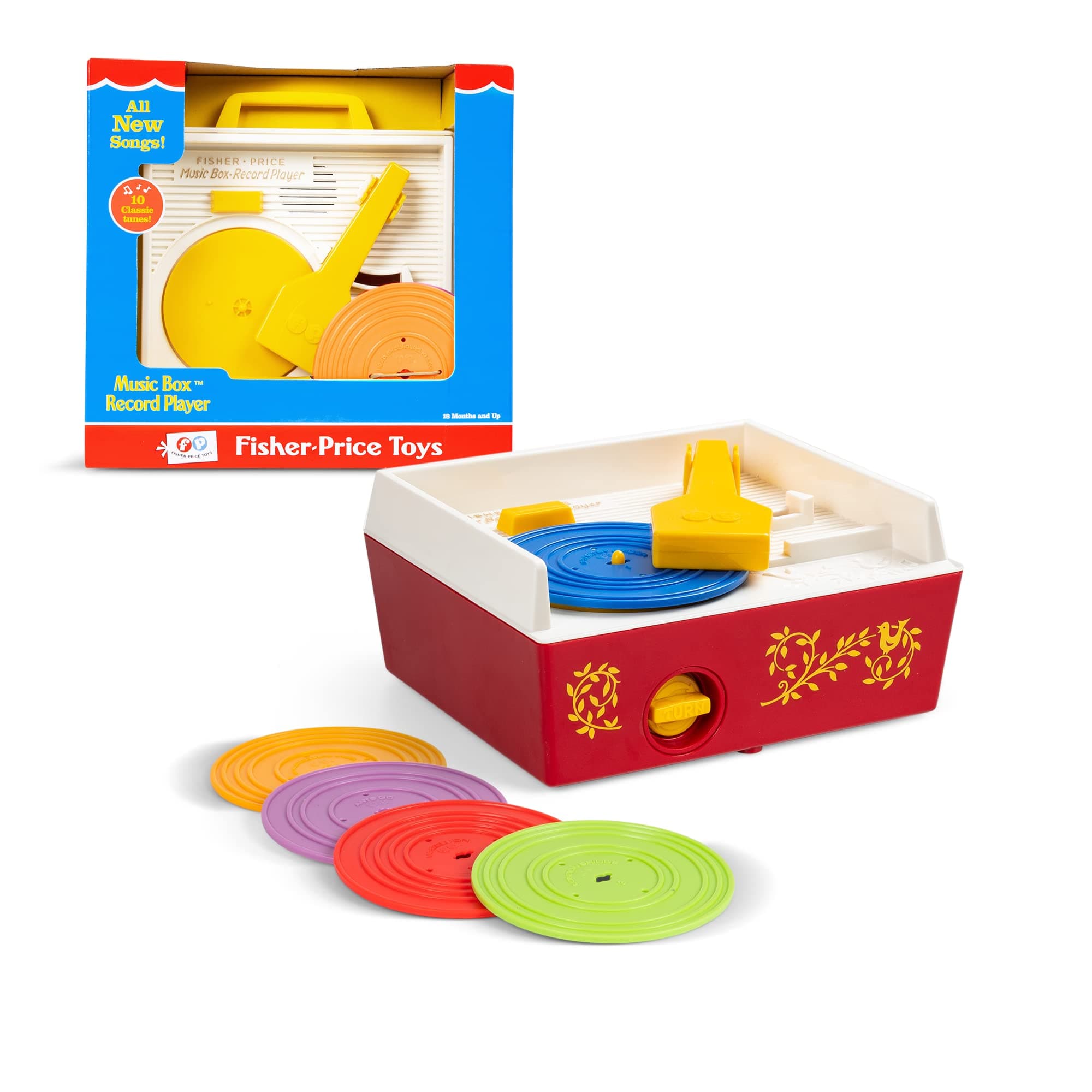 Fisher-Price Classics 1697 Music Box Record Player, Baby Musical Toy, Baby Interactive Toy with 10 Songs, Classic Toy with Retro Style Packaging, Pretend Play Toys for Boys and Girls Aged 18 Months+