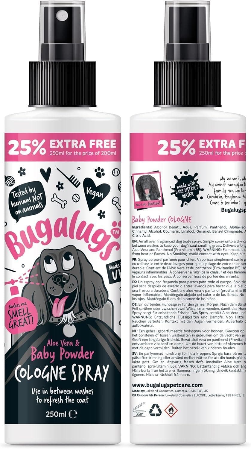 Bugalugs Dog Perfume Spray with Aloe Vera & Baby Powder Cologne great Pet Odour Eliminator Deodorant Spray for Smelly Dogs can use as Dry Shampoo