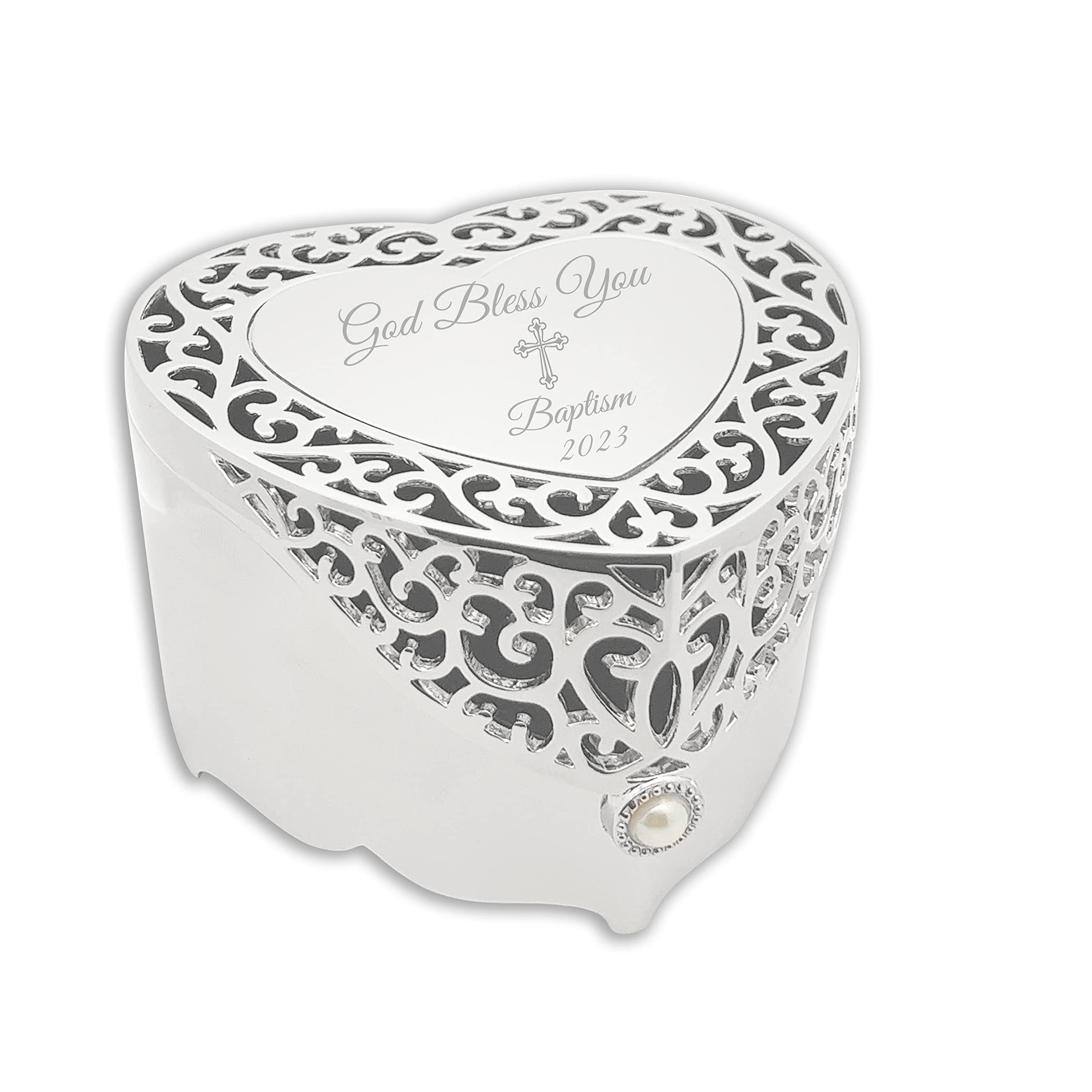 Cherished Moments Baptism Gift for Girls Jewelry Keepsake Box with Heart-Shaped Filigree Design and Engraved Cross, Silver Toned