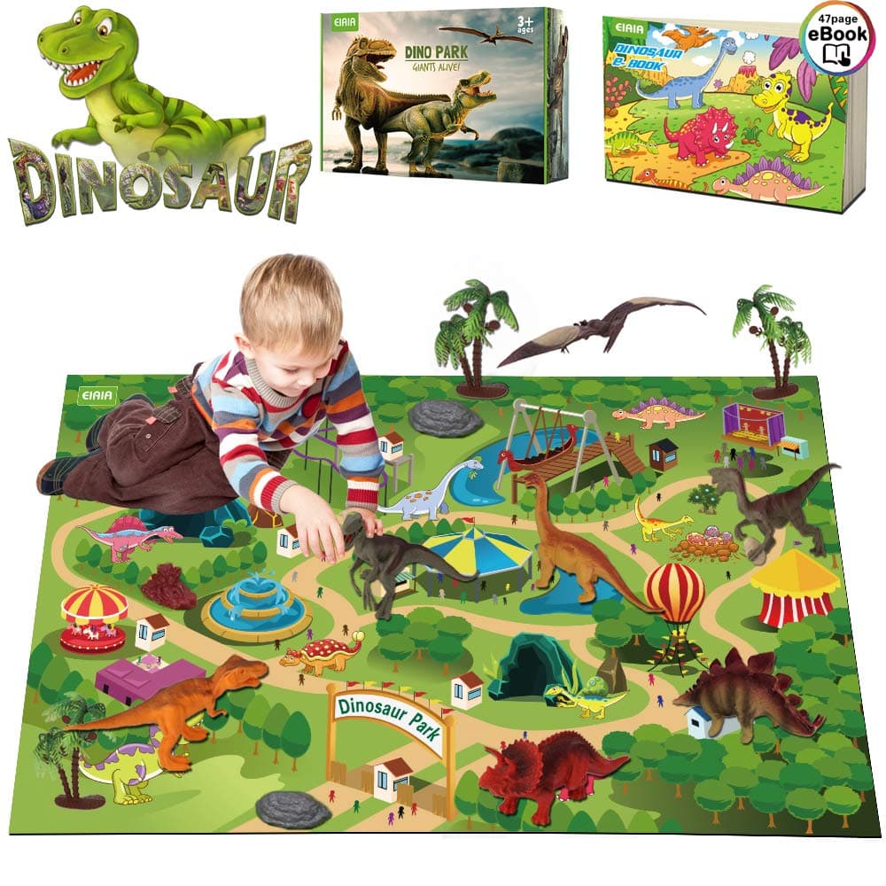 EIAIA Dinosaur Toys Activity Play Mat - 9 Realistic Dinosaur Figures Playset to Create a Dino World, Preschool Educational Toy for Age 3 4 5 6 Year Old Boys, Best Toy Gift for Kids Toddlers Girls