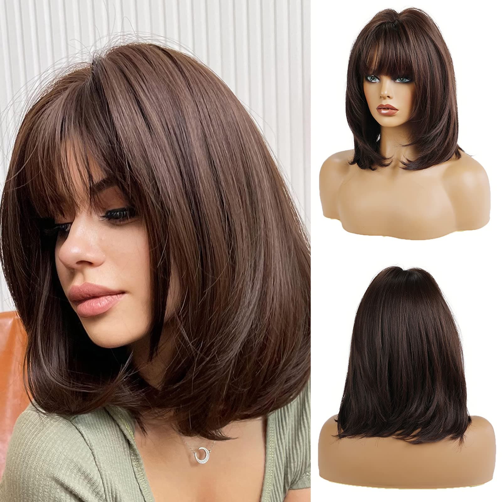 14 Inches Short Dark Brown Bob Wigs Straight with Bangs Slightly Curved Hair Ends Synthetic Hair Cosplay Daily Party Wig for Women Natural As Real Hair (Free Wig Cap)…