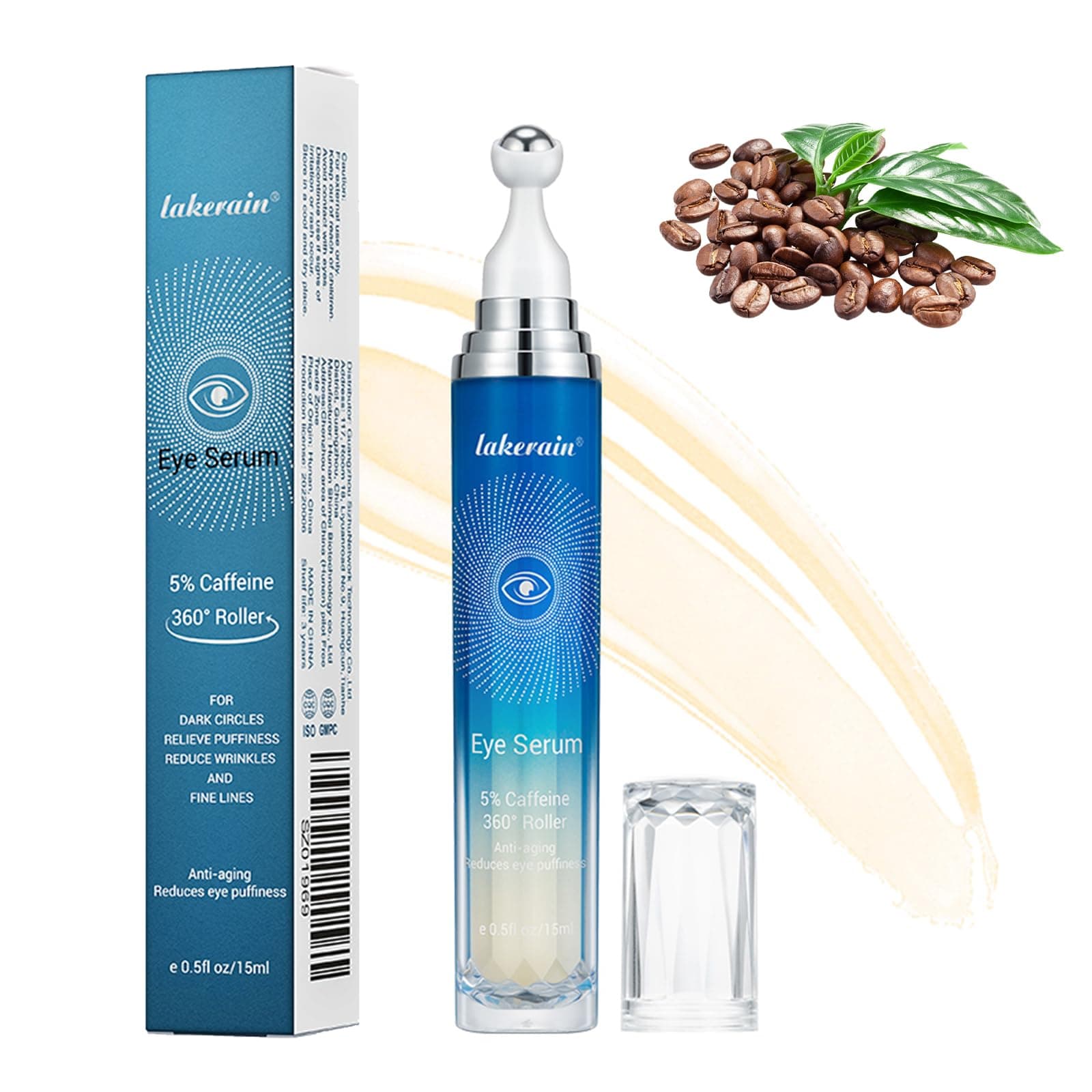 5% Caffeine Eye Serum with 360° Massage Roller Serum for Dark Circles & Relieve Puffiness, Reduce Wrinkles and Fine Lines, Bags, Tighten Lifting Under Eye Cream-0.5 OZ