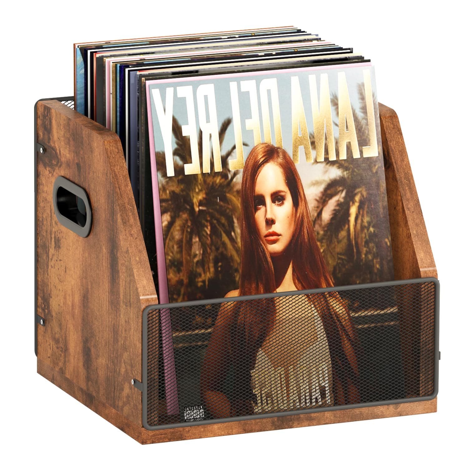 Homeiju Vinyl Record Storage, Record Box Case Crate, Vinyl Record Album Holder, Desktop Metal & Wooden LP Record Crate, Holds up to 60 Records(Patent No.D1024563