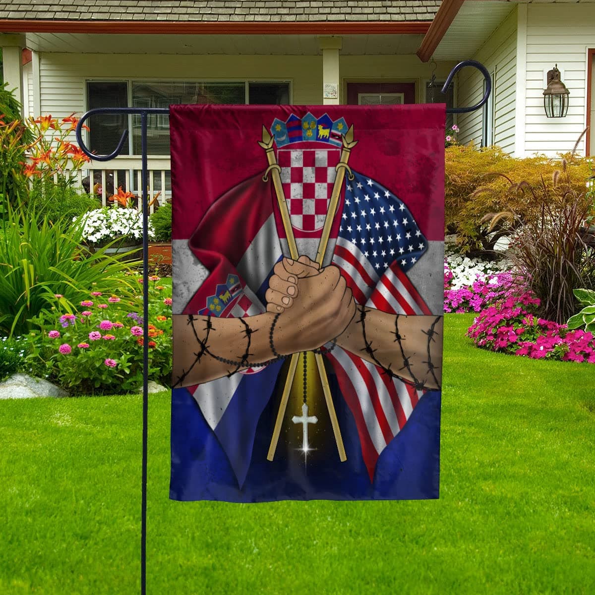 Flags Croatian Handshake American Flag Friendship USA Croatia Croatian Part Christian House Flag (29.5" x 39.5")-USA Flags Premium Polyester-Decorative Indoor Outdoor Flag