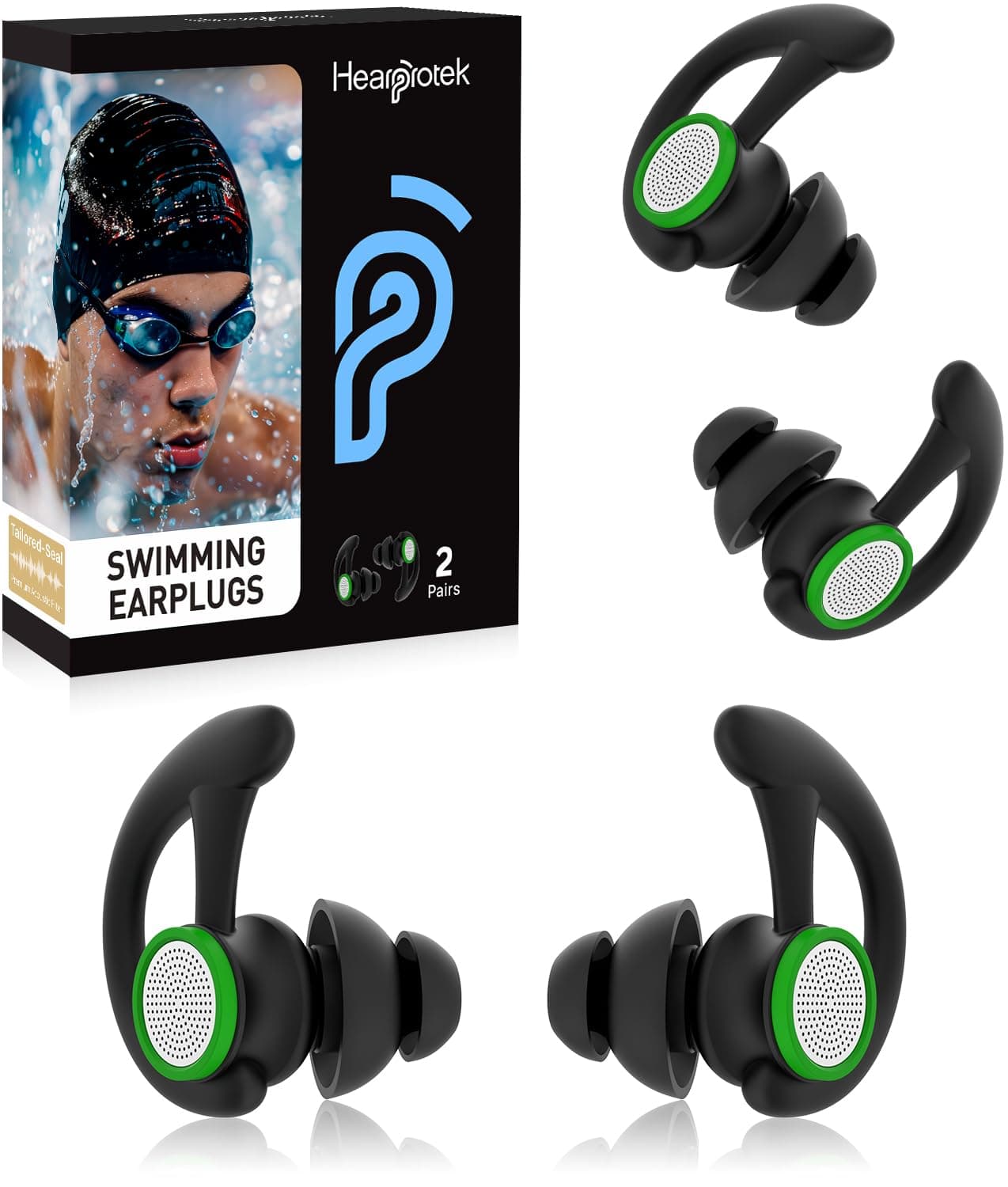 Ear Plugs for Swimming – 2 Pairs Soft Silicone Reusable Waterproof Earplugs for Adults & Men Women, Custom Fit for Swimmers Ear, Pool, Beach, Snorkeling, Surfing, Kickboard Training(Black)