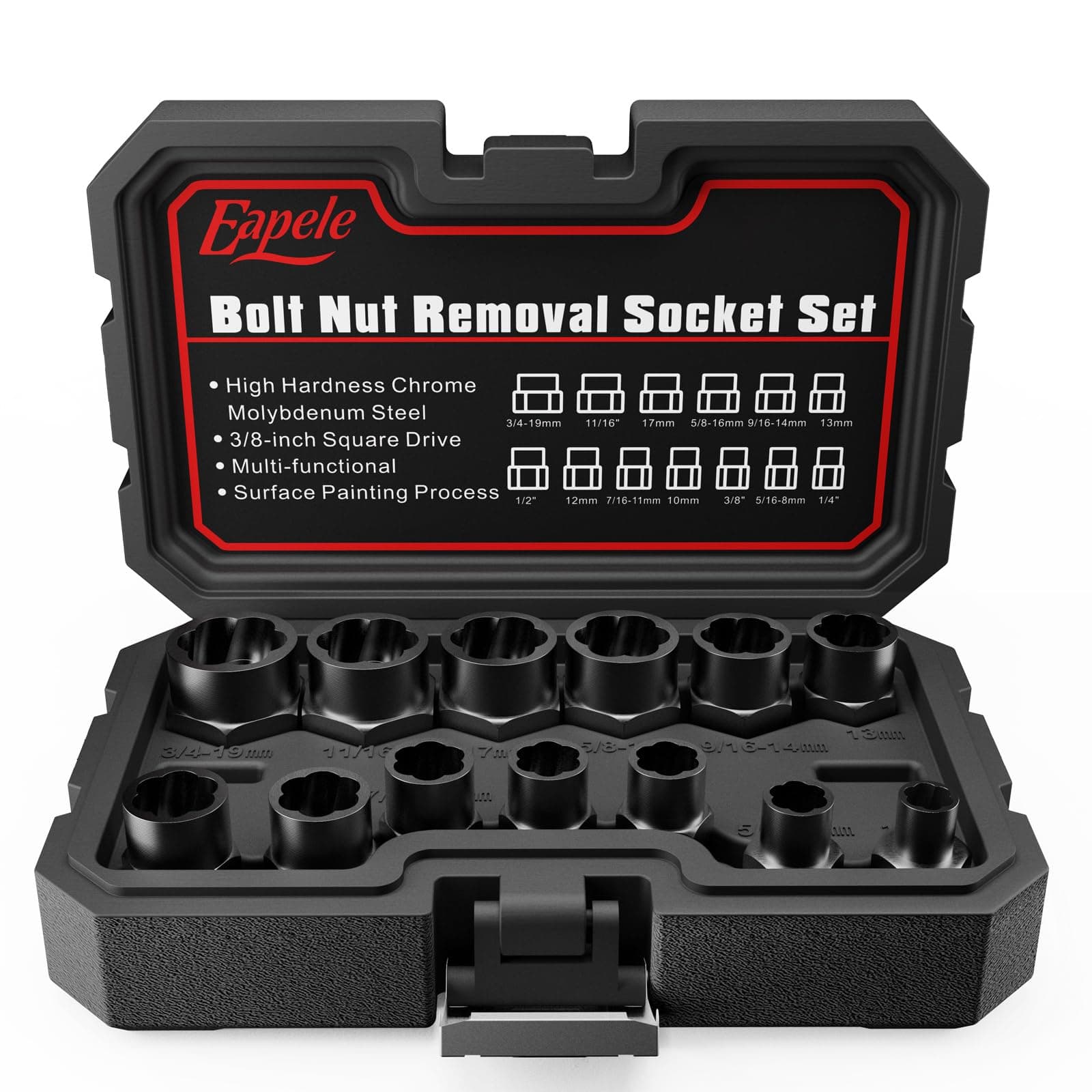 Eapele 13pcs Bolt Extractor Set, Stripped Nut Remover Twist Sockets, Fit 3/8" Square Drive with Solid Storage Case, Stripped Bolt Extractor (13pcs, Black)