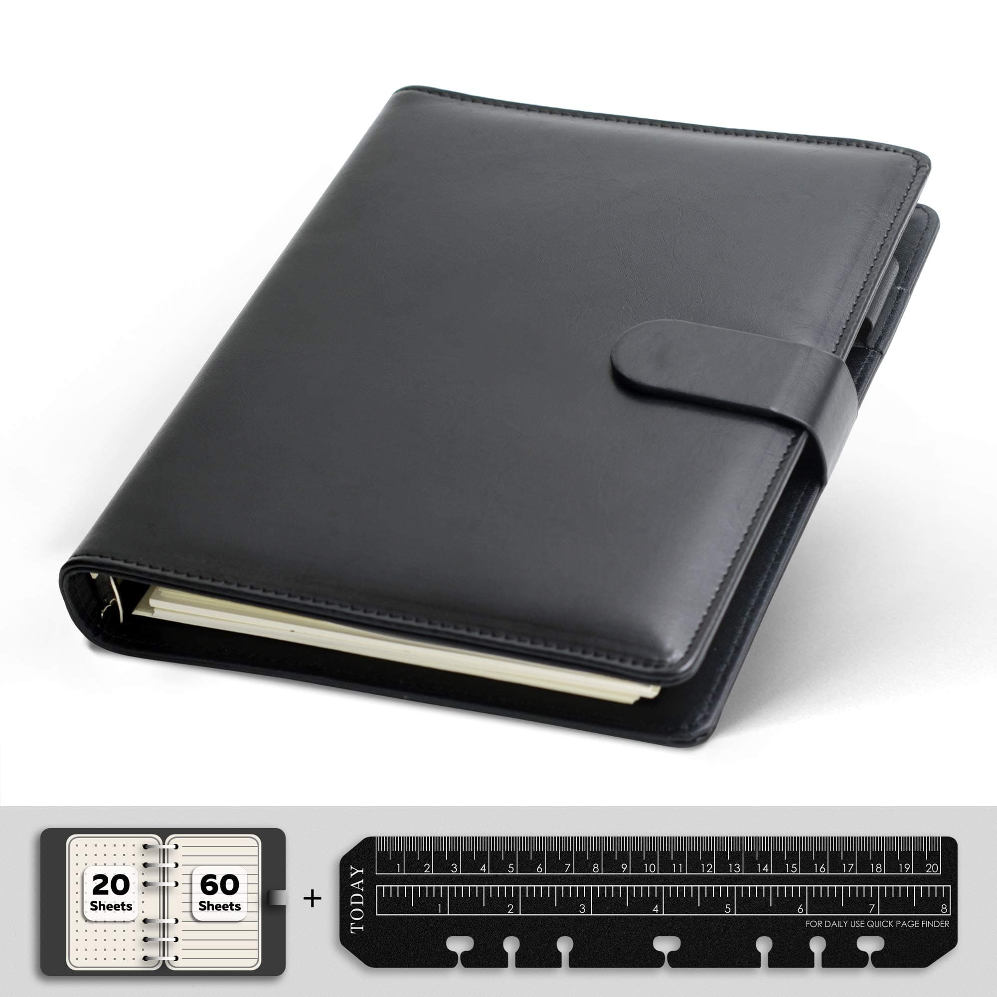 KKDragon Notebook A5, 6 Hole Ring Binder PU Leather Black, 20 Sheets/40 Pages Dots Grid + 60 Sheets/120 Pages Ruled +Ruler