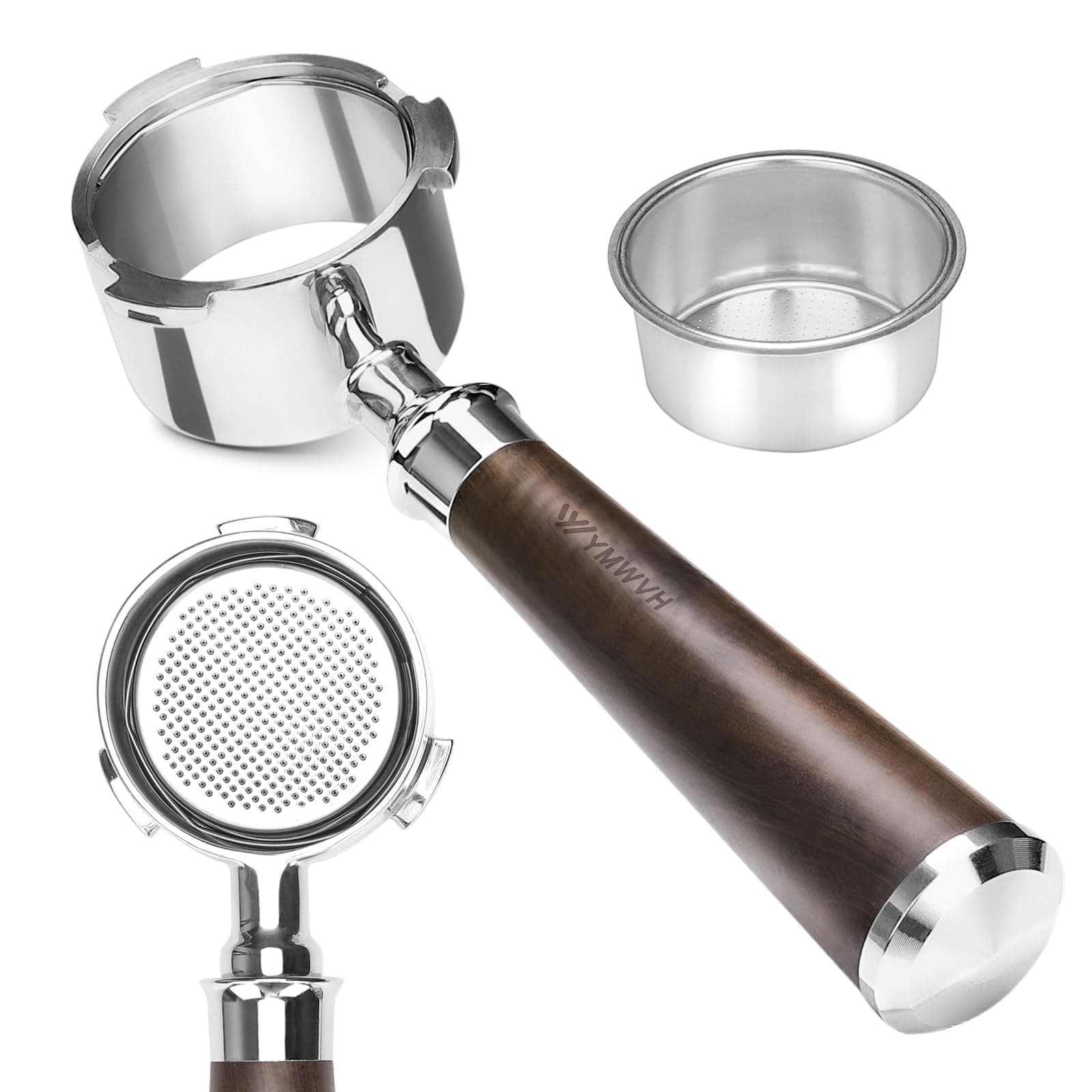 51mm Bottomless Portafilter 3 Ears, YMWVH Professional Espresso Portafilter 51mm for De-longhi EC680, EC685 & EC885 Espresso Machine, Stainless Steel Basket and Walnut Handle
