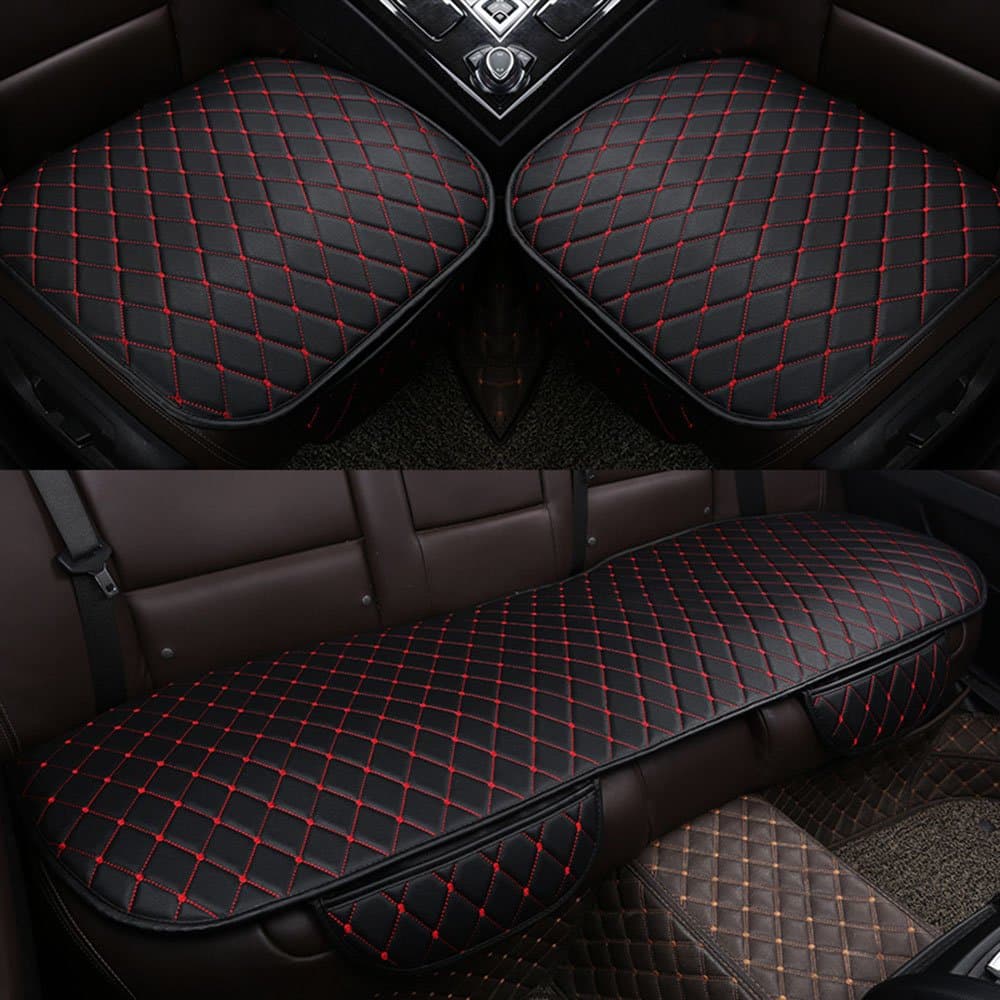 Universal Four Season Breathable PU Leatherette Car Interior Accessories Seat Cushion Pad Mat Cover for 5 Seat Auto Supplies (Black with red line)