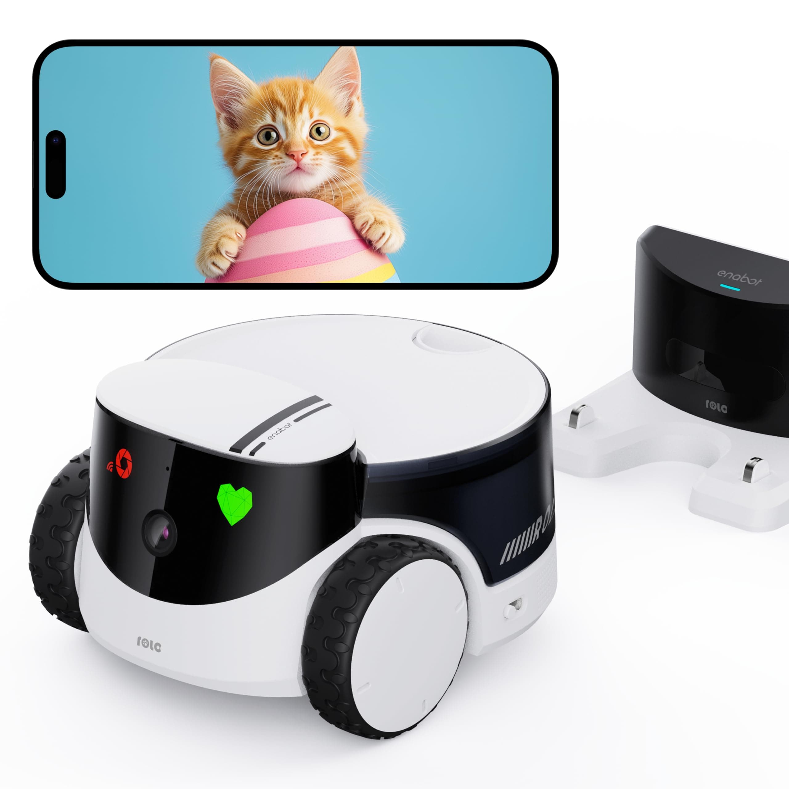 Enabot EBO ROLA PetPal FamilyBot 2.5K Camera Robot: Movable WiFi QHD Cam, Indoor Smart Home Security, Night Vision, 2-Way Audio, Remote App Control, Photo, Video for Cat/Dog/Family (w/Storage Module)