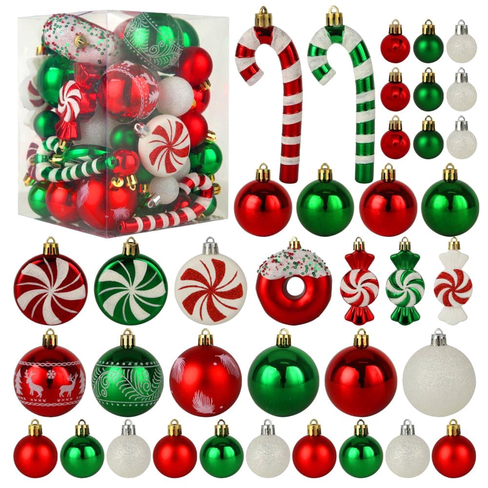 Christmas Tree Ornaments, Green Red White Christmas Ball Ornaments Set of 60 Pack Shatterproof Plastic Xmas Decorations for Home Party Tree