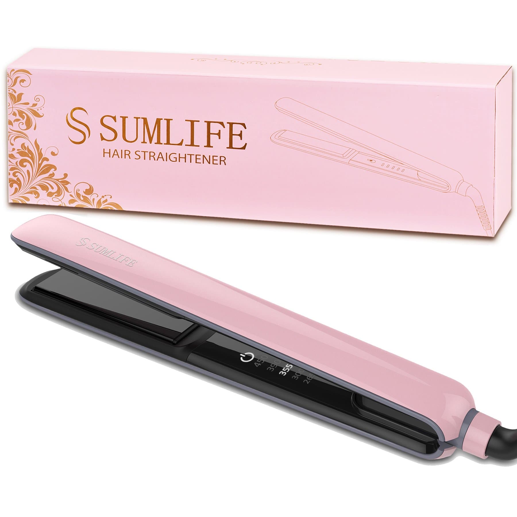 Hair straightener, Sumlife Flat iron LED Temperature Display 2 in 1 Straighter and Curler Not Damage Hair Suitable for All kinds Hairs,1 Inch good for Travelling,As Gift, Pink color