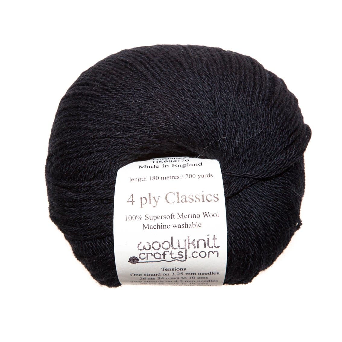 50g Balls of Woolyknit 4ply Classics| 100% Merino Wool, Fingering Hand Knitting Yarn (Jet Black)