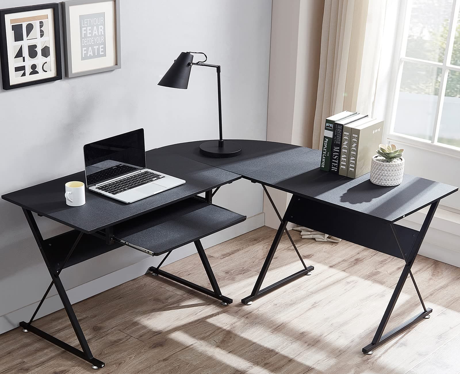 L Shaped Desk with Keyboard Tray Reversible Gaming Desk Corner Computer Desk for Home Office, Black Wood & Steel Frame Writing Study PC Workstation Table for Small Space