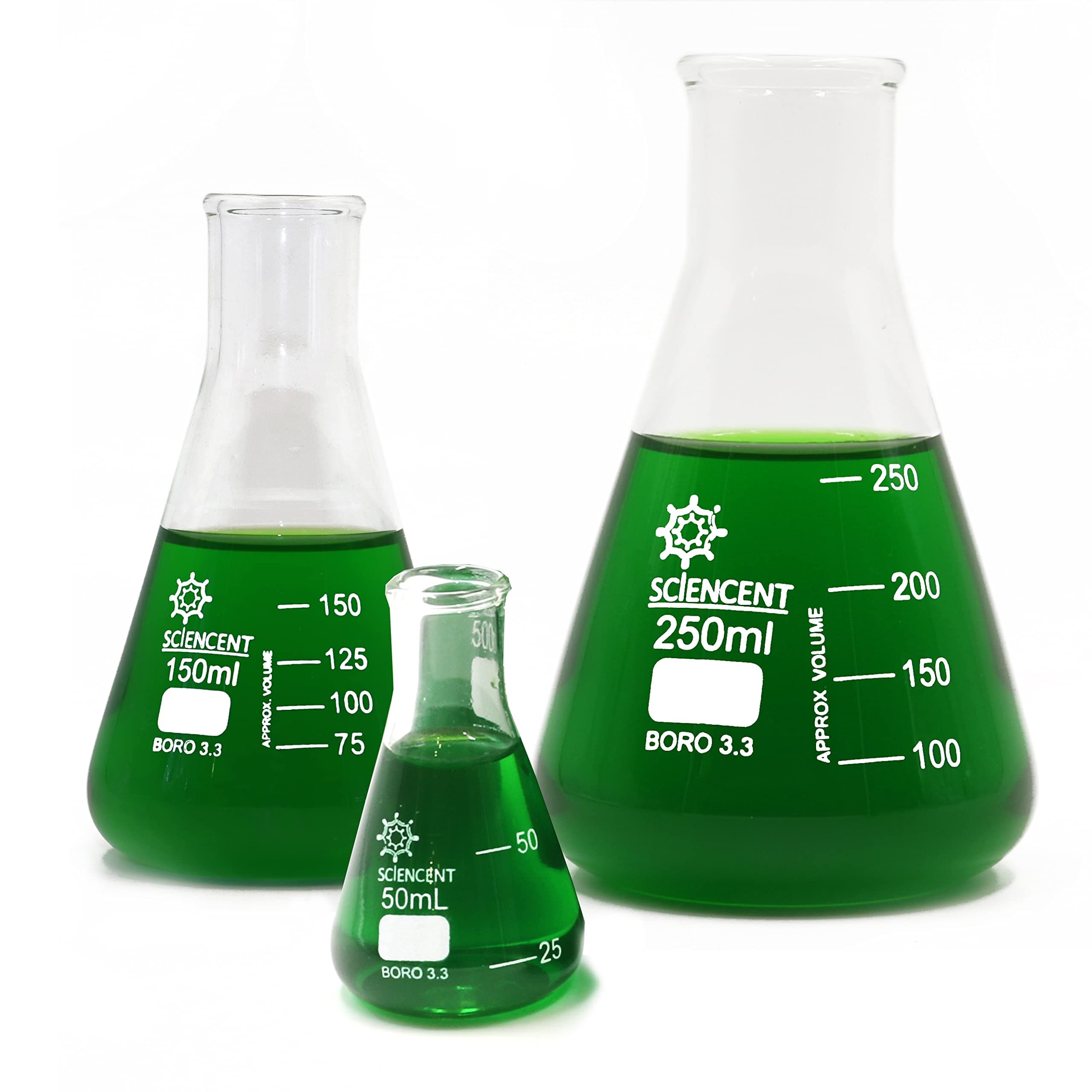 (Pk/3) Borosilicate Low Form Glass Erlenmeyer Flasks, 50/150/250