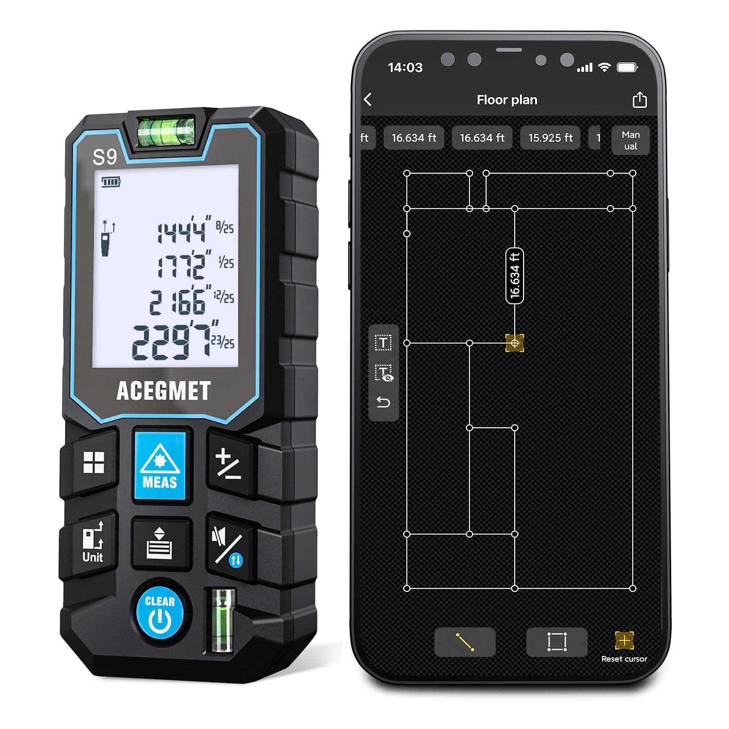 ACEGMET Laser Measure with Phone App, 229ft/70m Laser Measurement Tool with 2 Bubble Levels, LCD Backlit Display, IP54 Waterproof, Pythagorean Mode for Distance, Area, Volume