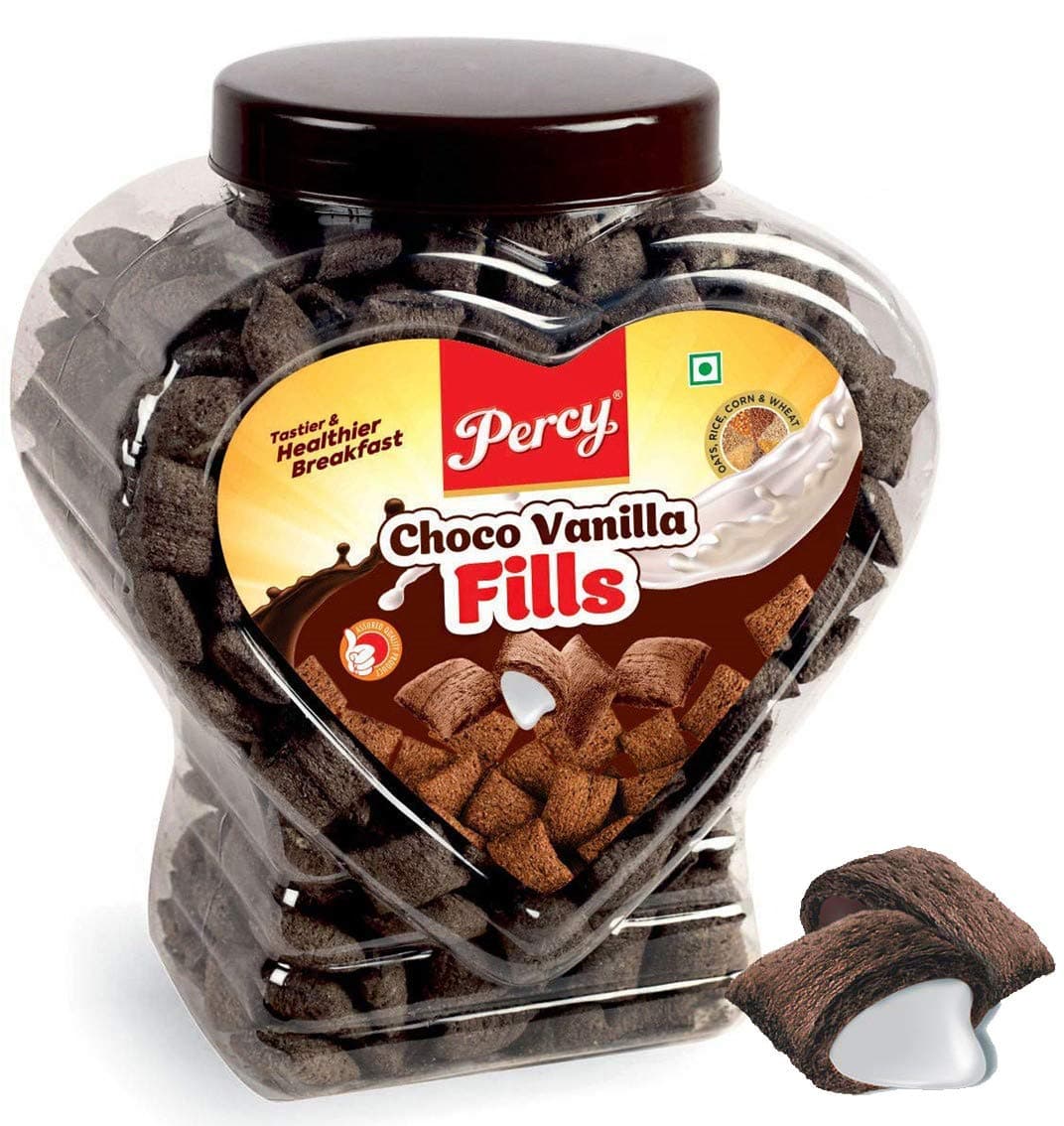 Percy Breakfast Cereal, Choco Vanilla Fills, Multigrain, Jumbo Jar [Zero Cholesterol, Crunchy and Creamy Choco Fill] Jar, 520 g